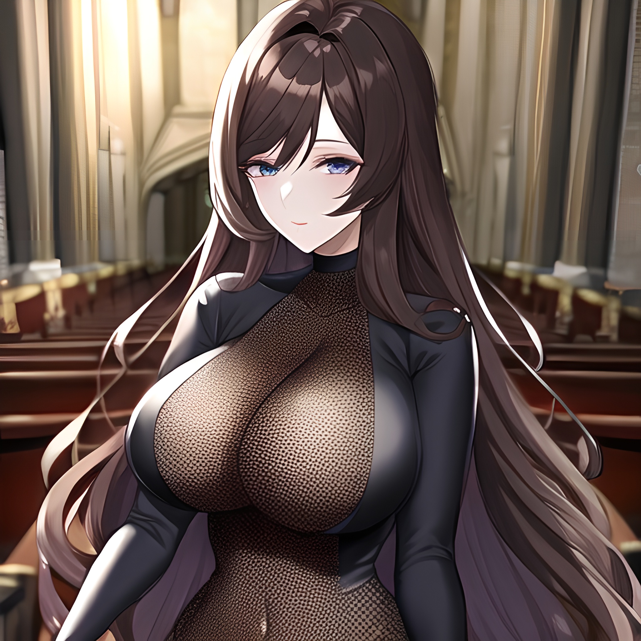 fishnet messy hair church long hair woman brunette 