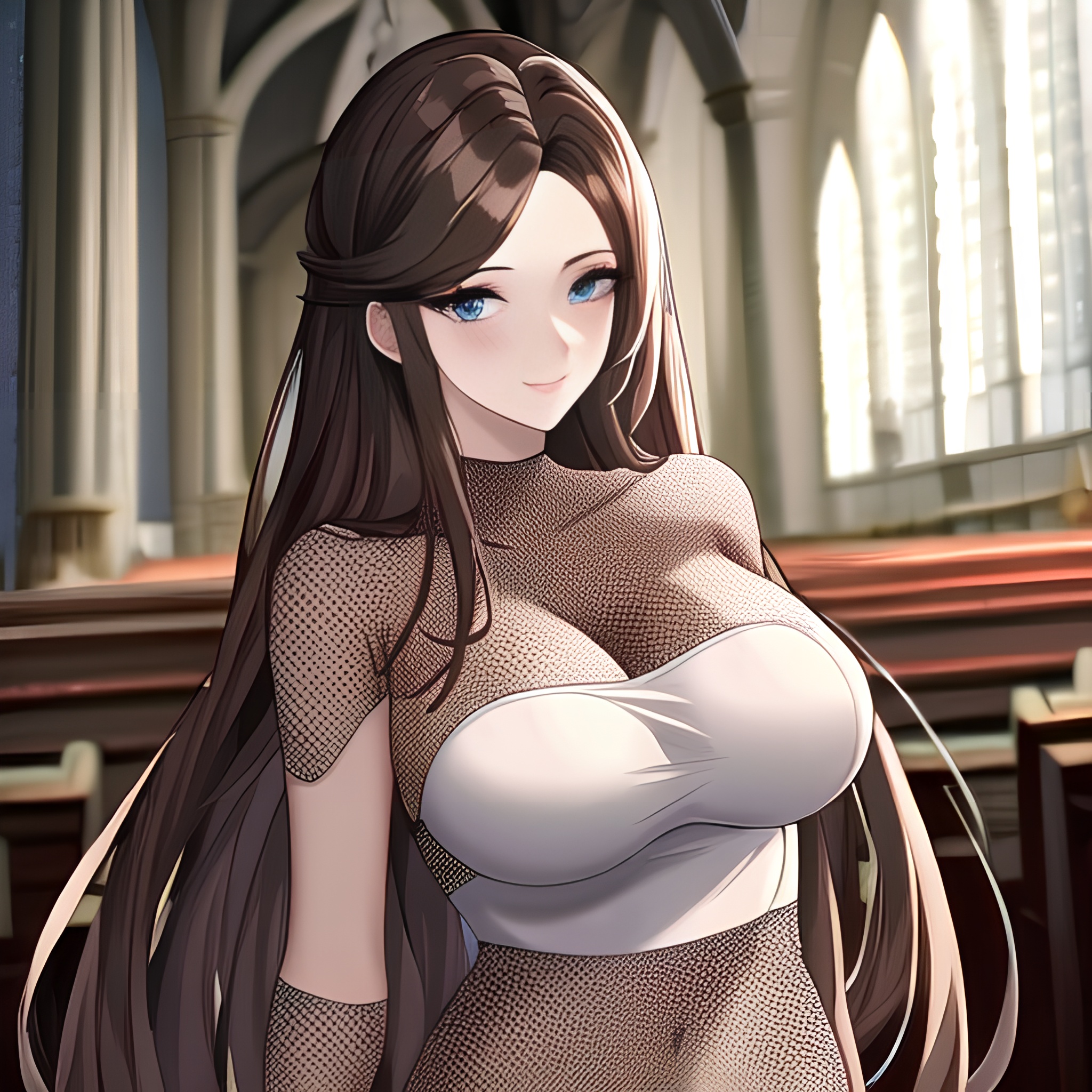 fishnet messy hair church woman brunette long hair 