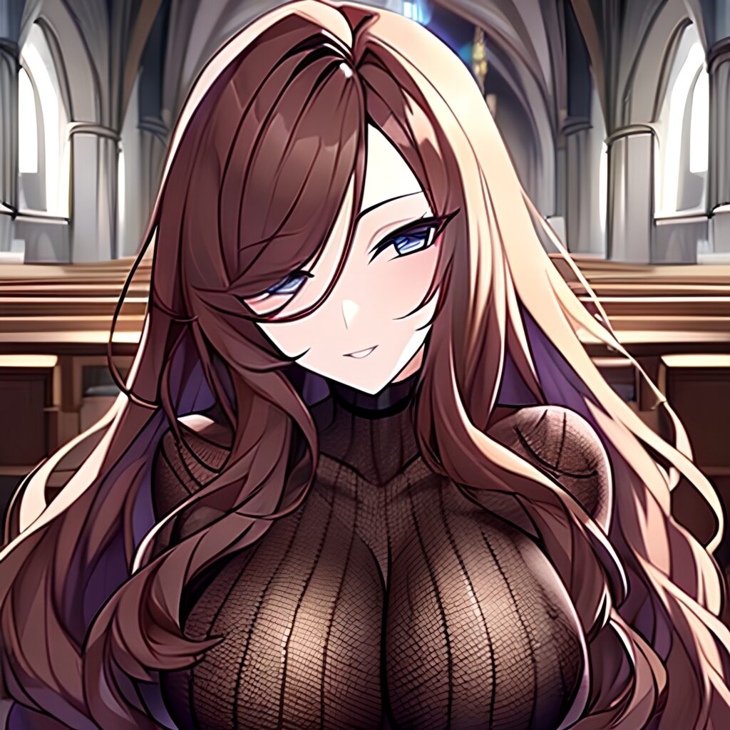 fishnet messy hair church woman long hair brunette 