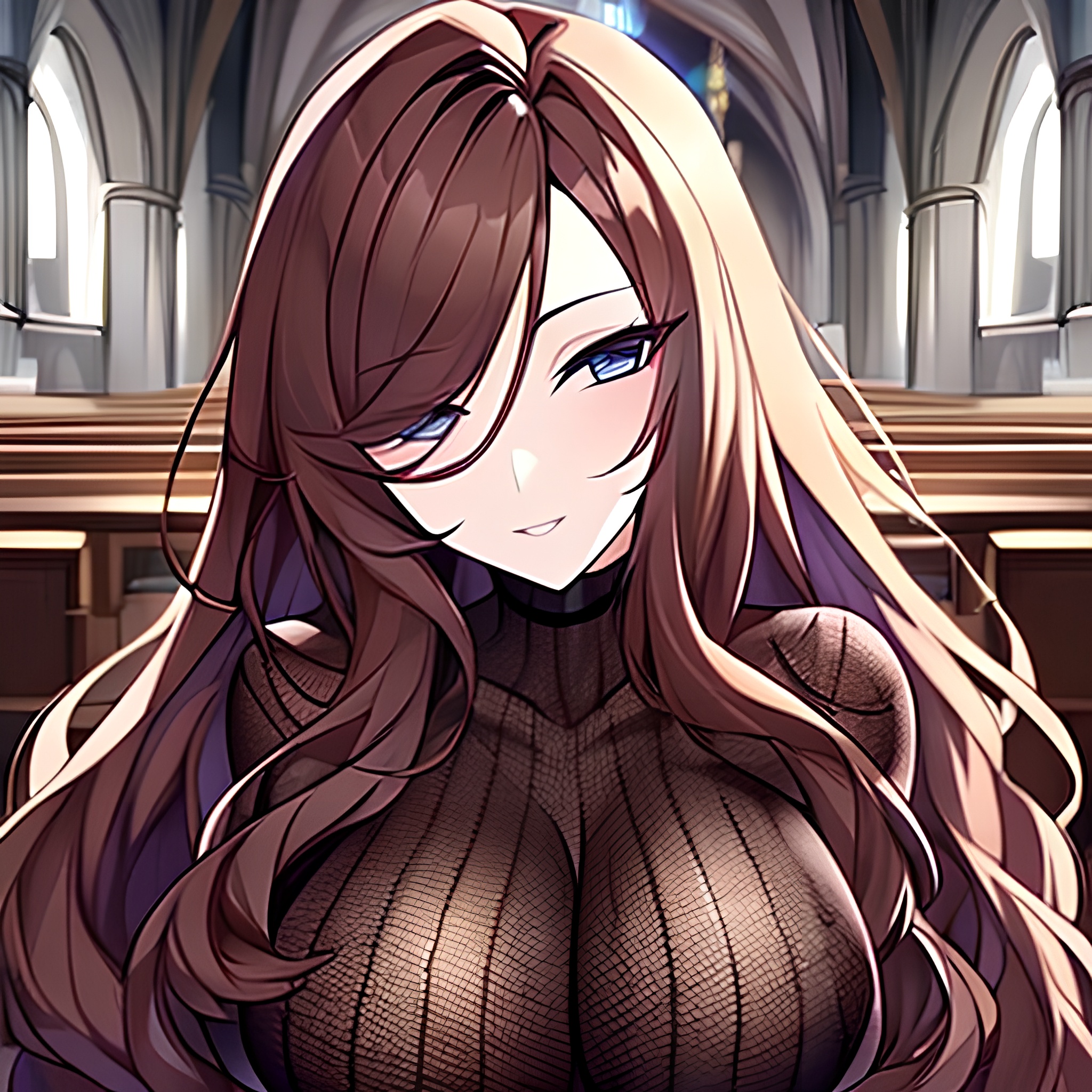 fishnet messy hair church woman long hair brunette 