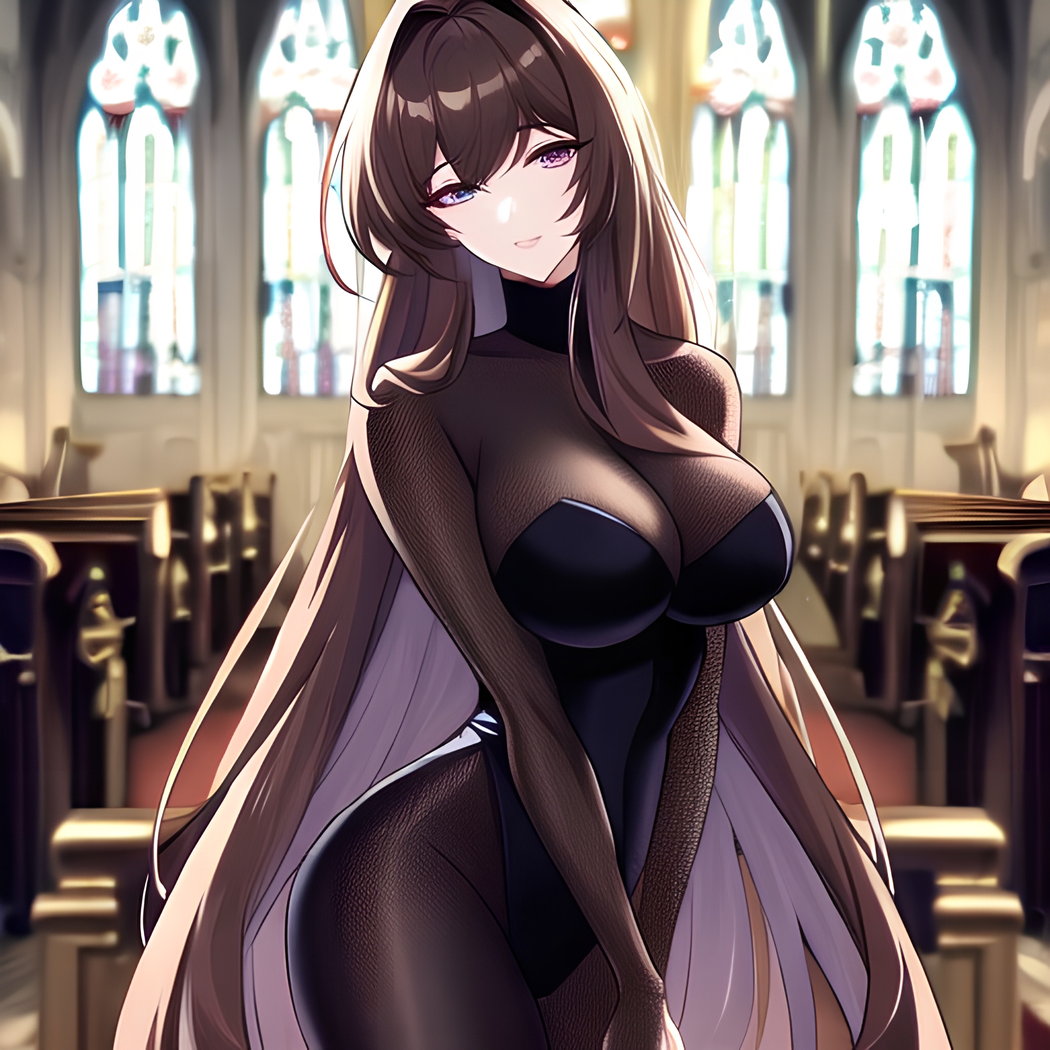 fishnet messy hair church woman long hair brunette 