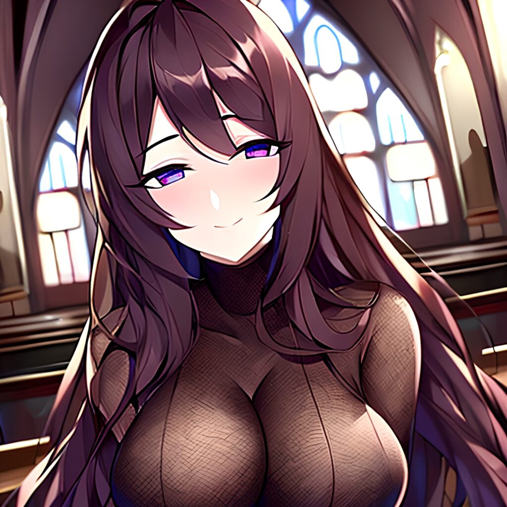 fishnet messy hair long hair brunette church woman 
