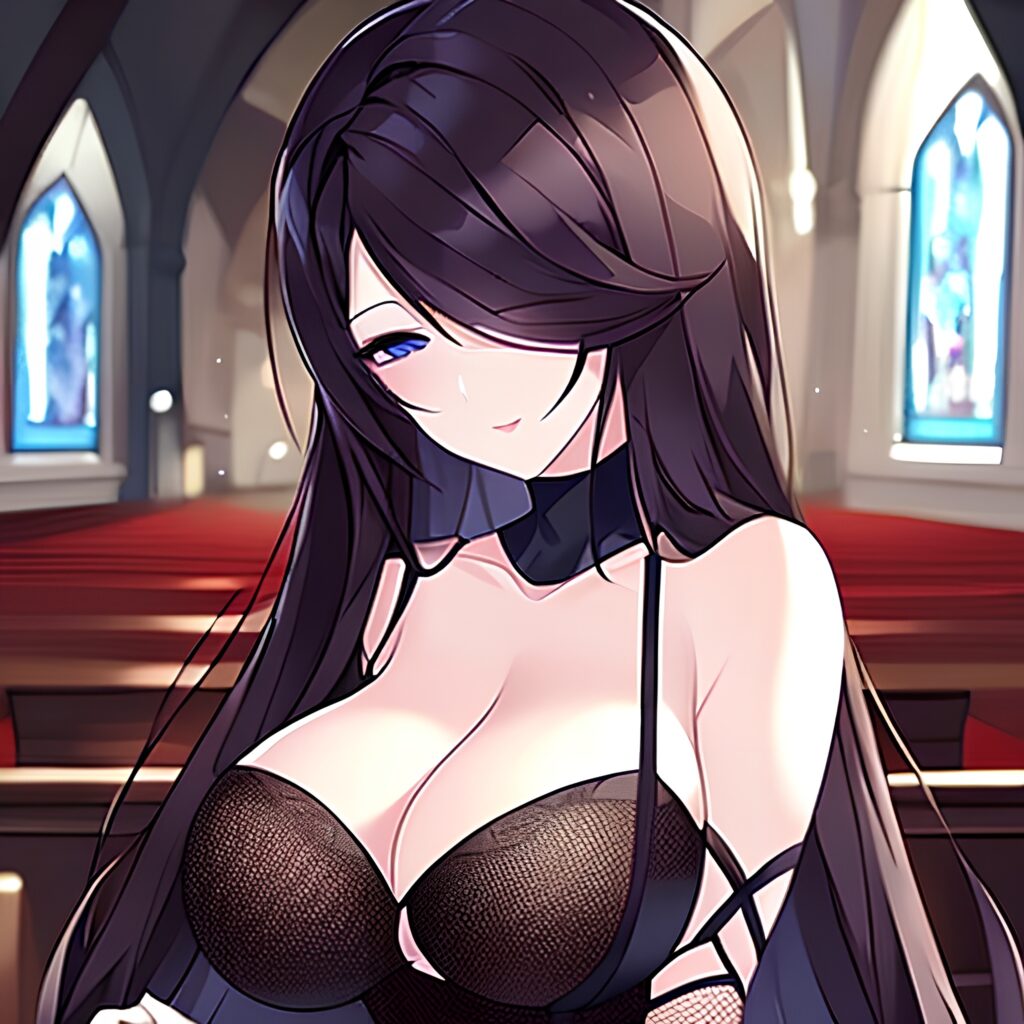 fishnet messy hair long hair brunette church woman 