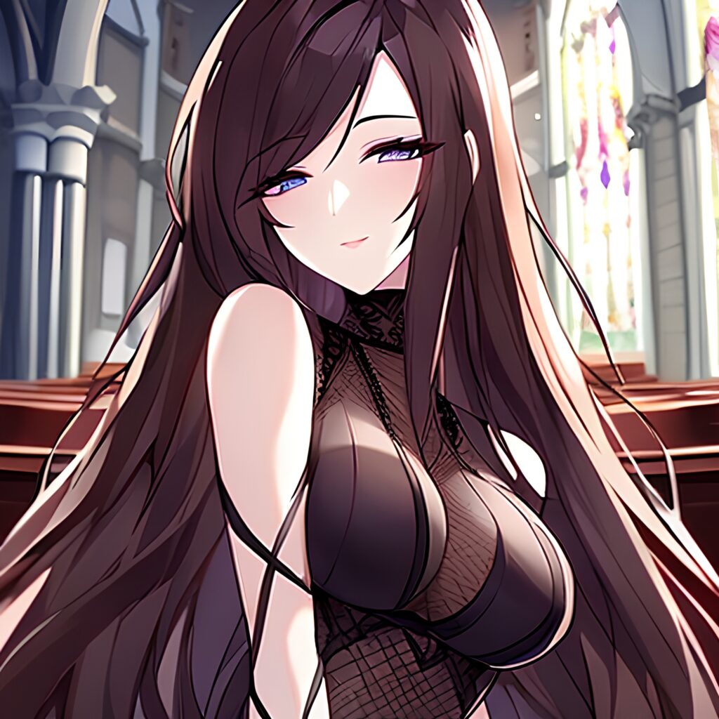 fishnet messy hair long hair brunette church woman 