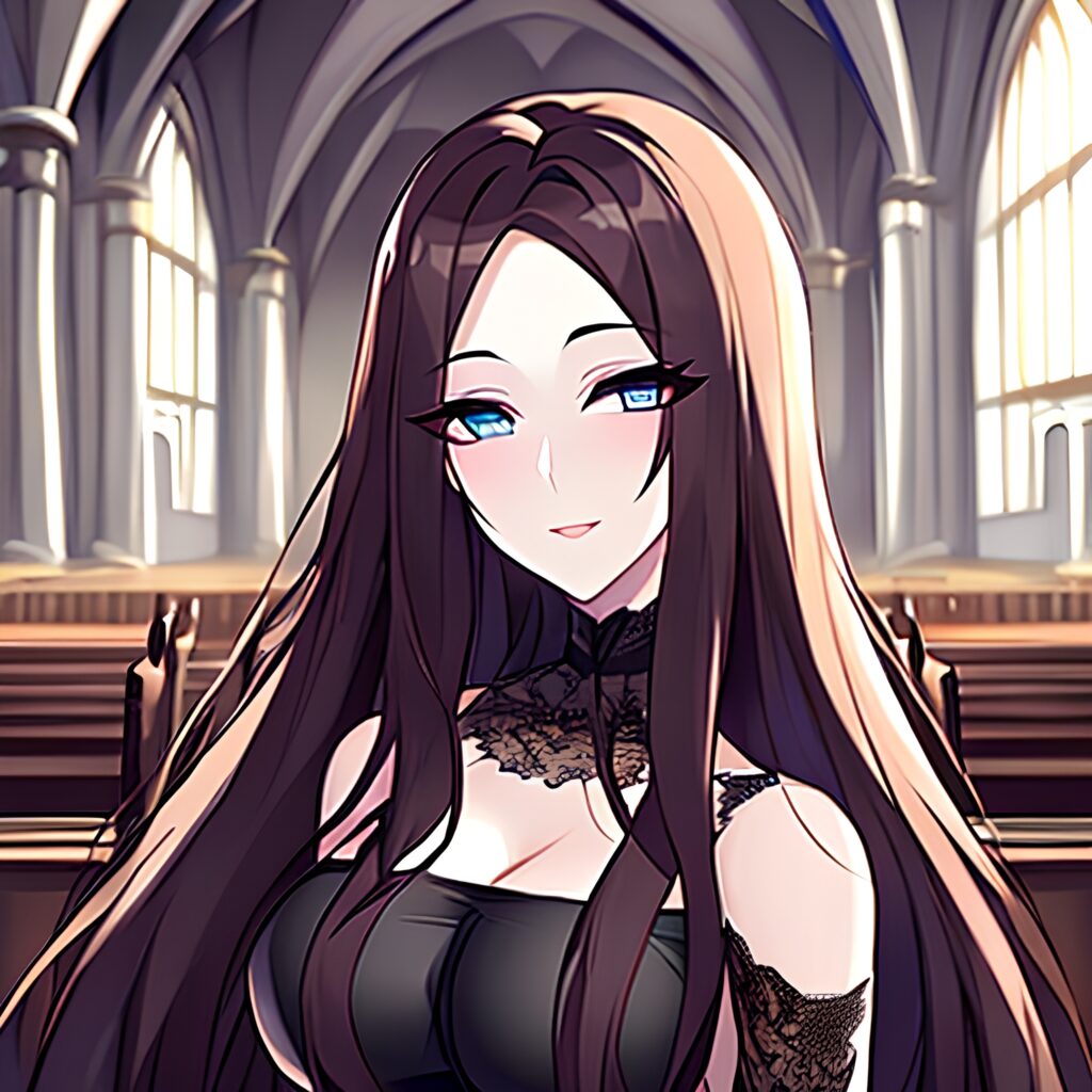 fishnet messy hair long hair brunette church woman 