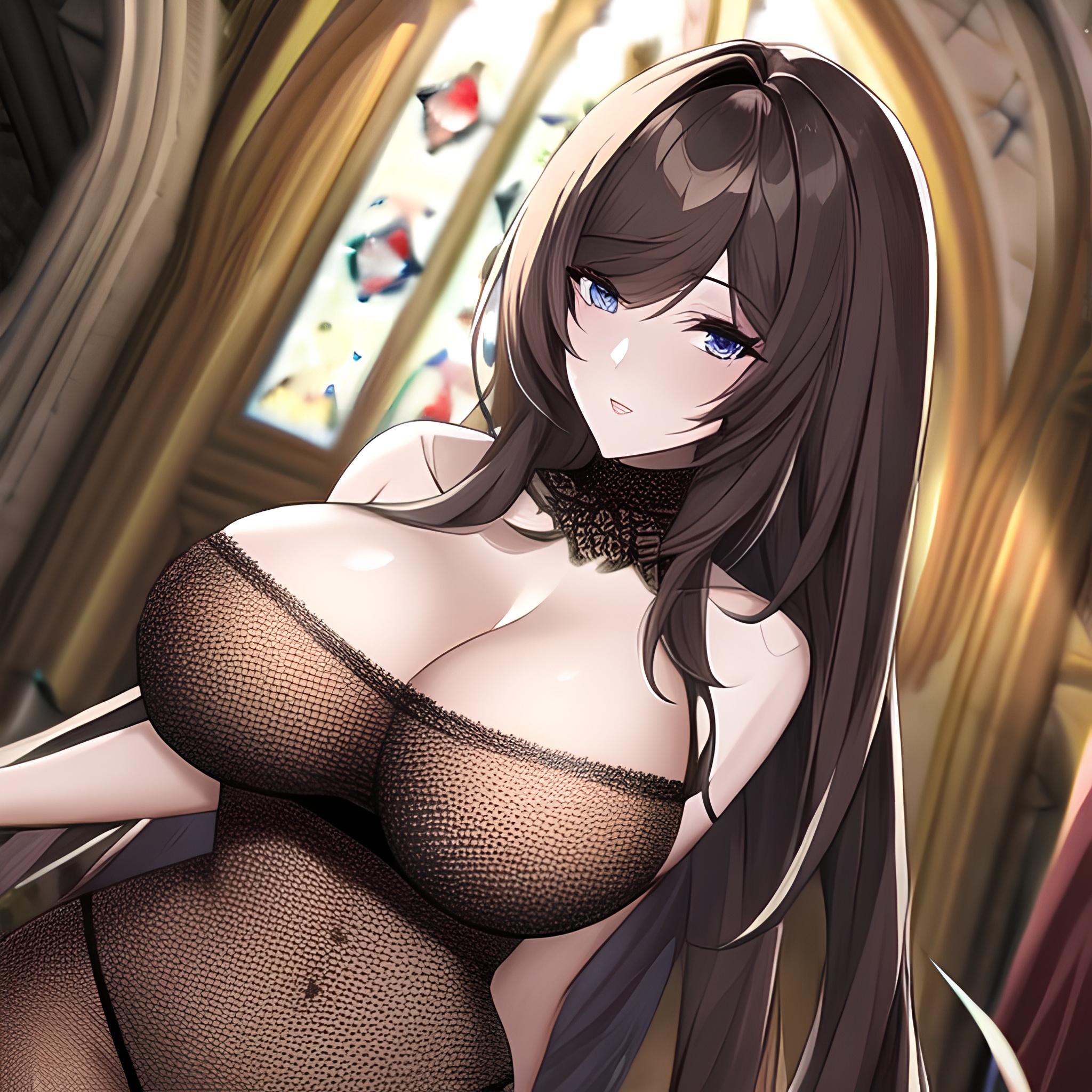 fishnet messy hair long hair brunette woman church