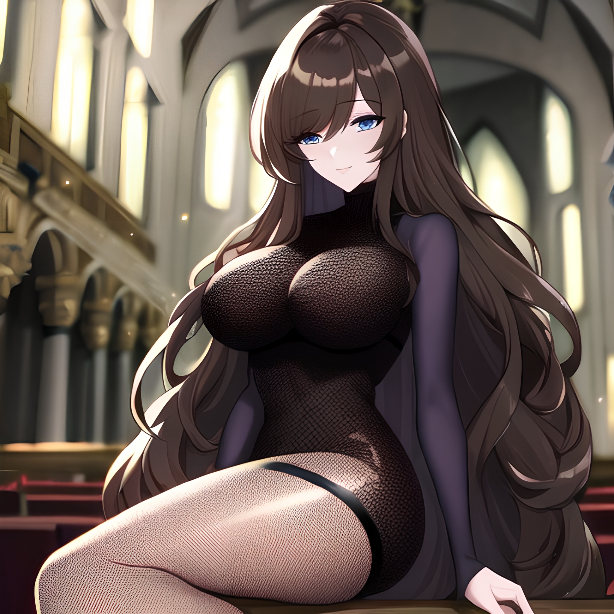 fishnet messy hair long hair church woman brunette 