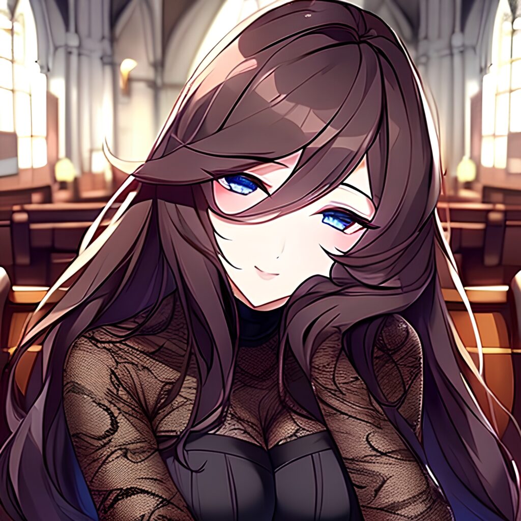 fishnet messy hair long hair church woman brunette 