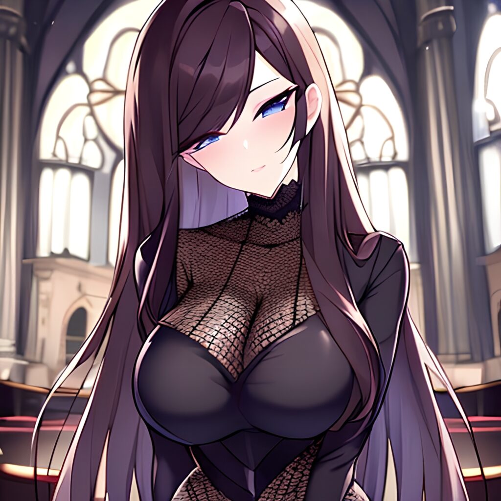 fishnet messy hair long hair church woman brunette 