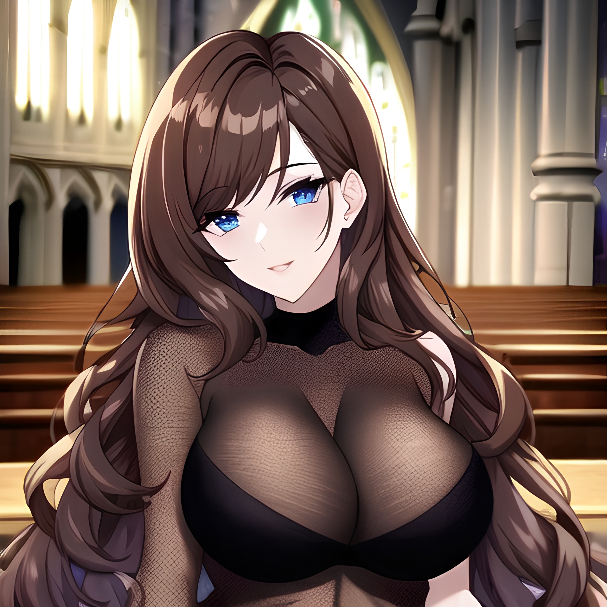 fishnet messy hair long hair woman church brunette 