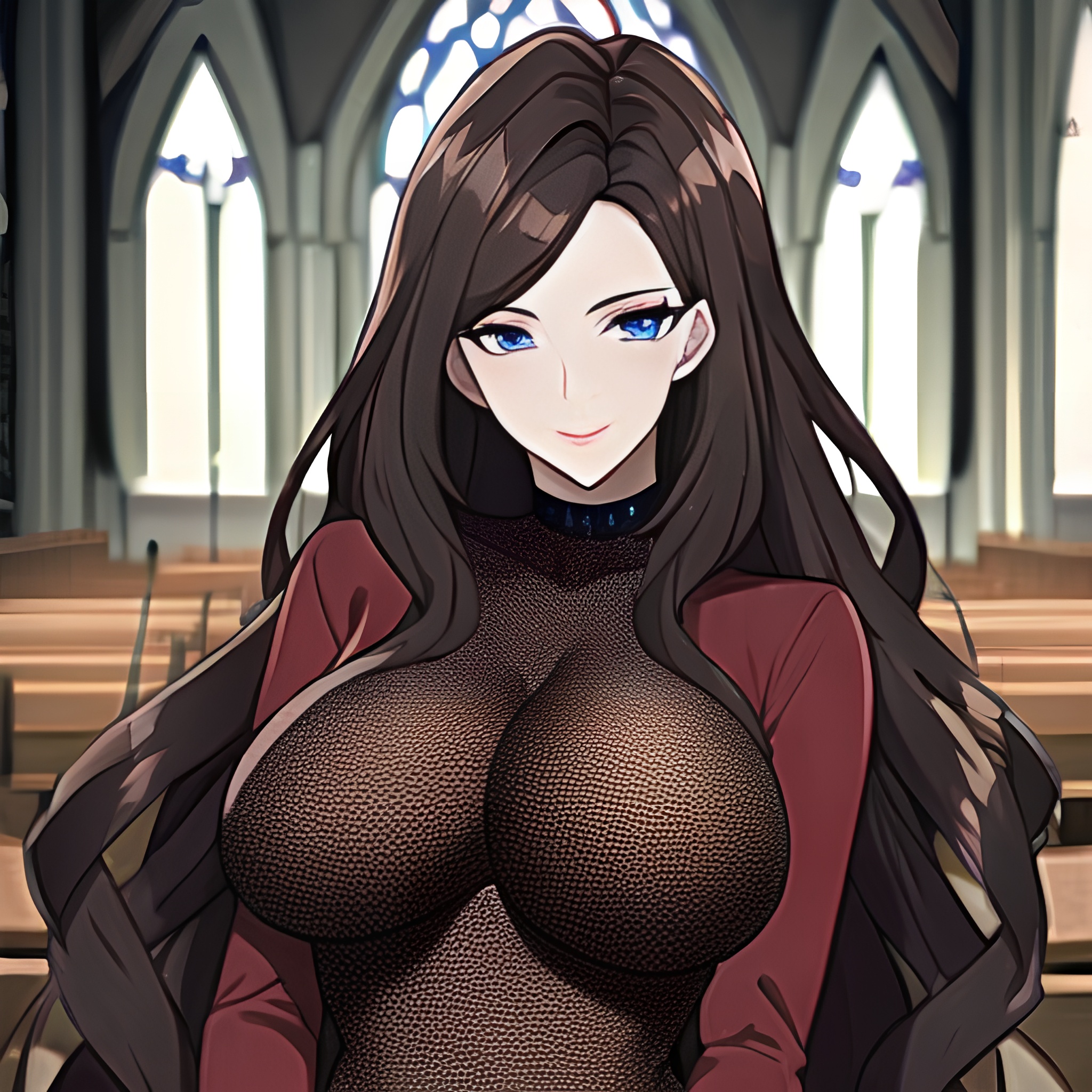 fishnet messy hair woman brunette church long hair 