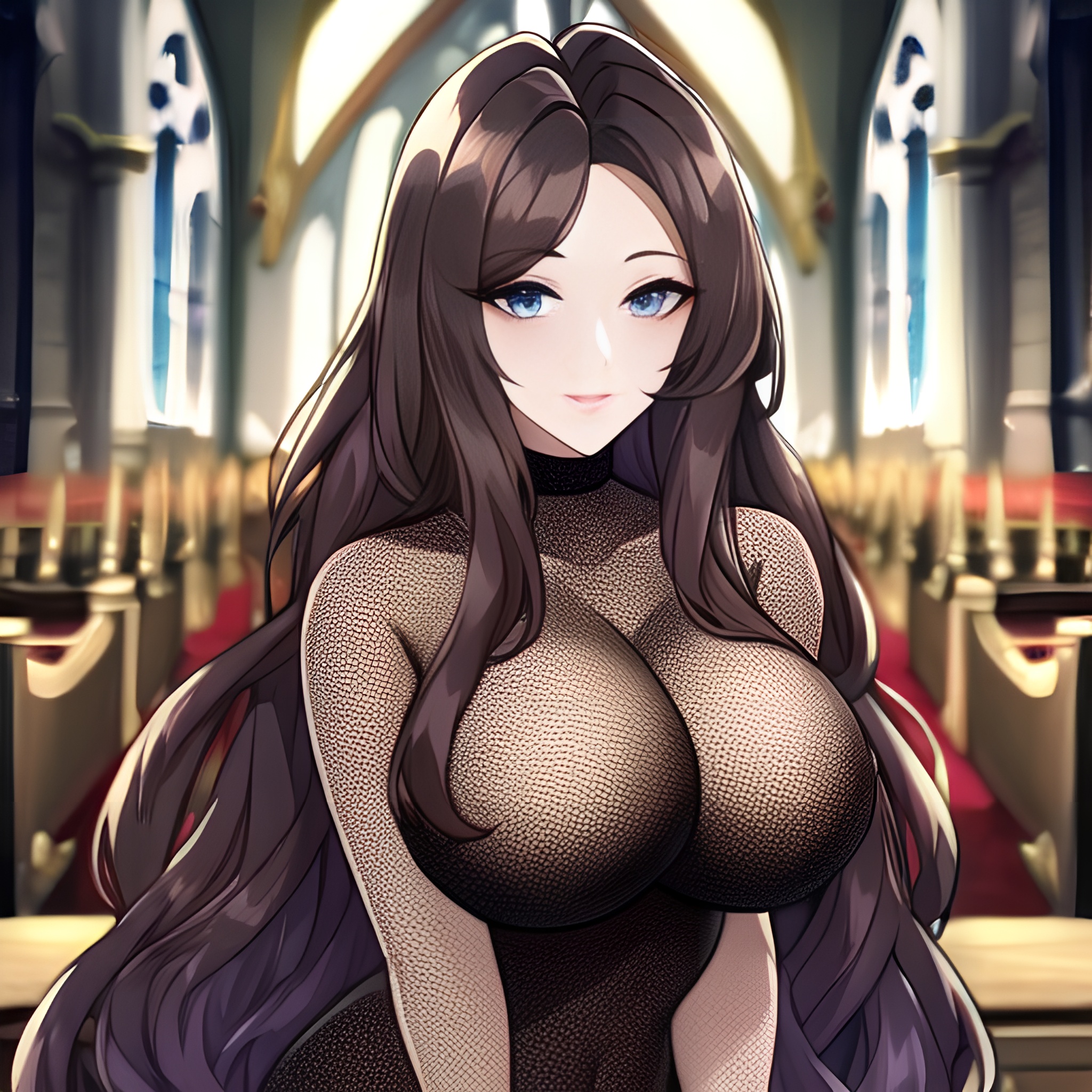 fishnet messy hair woman brunette long hair church 