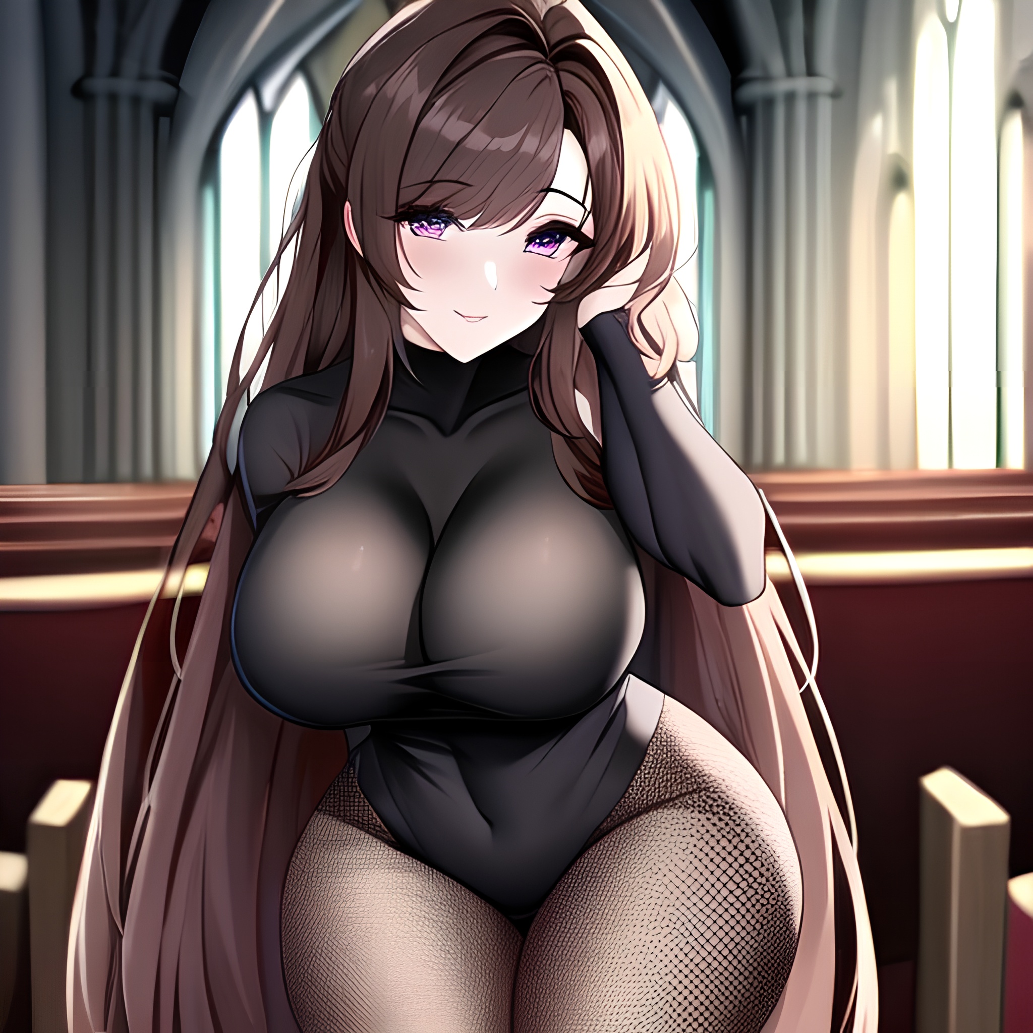 fishnet messy hair woman church brunette long hair 