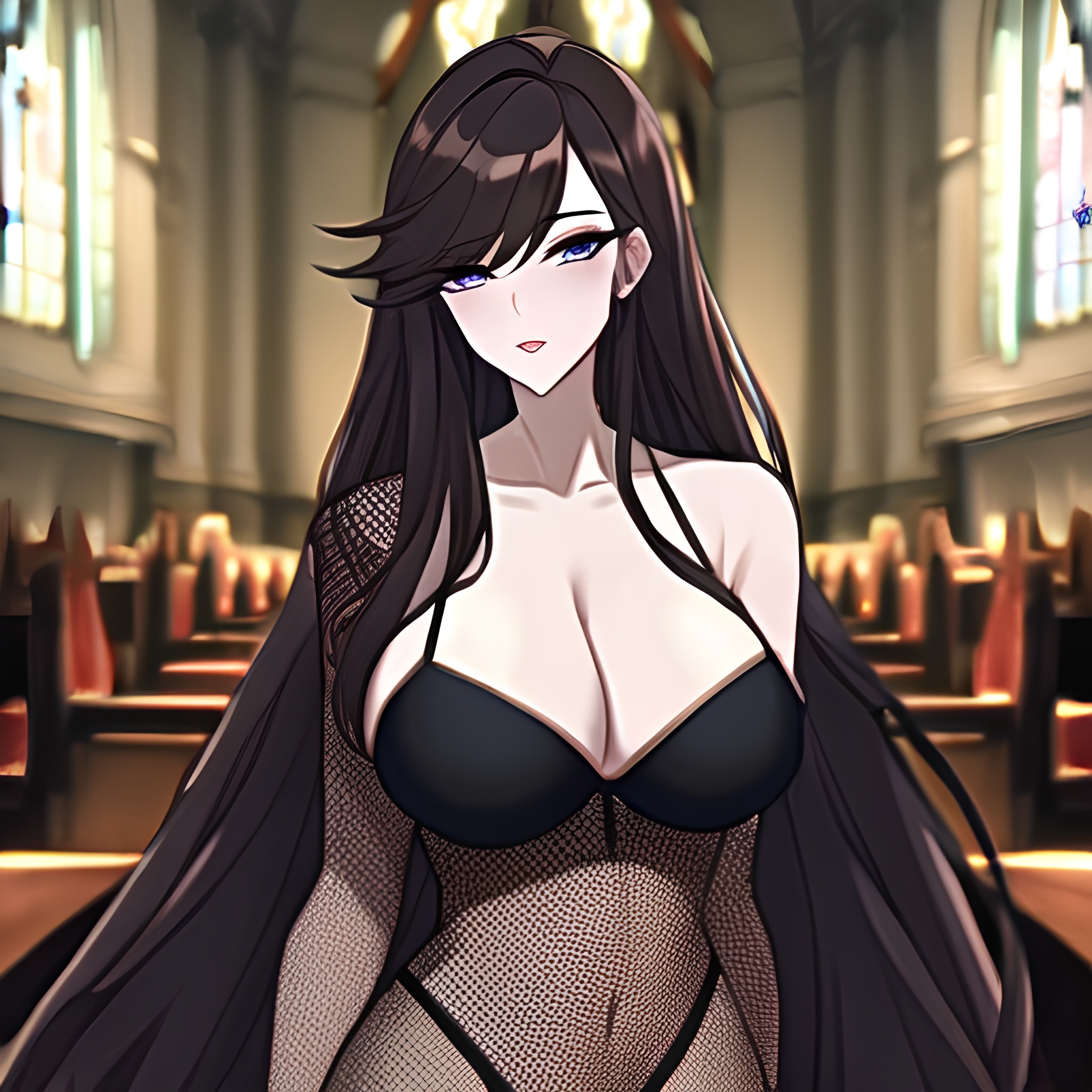 fishnet messy hair woman church long hair brunette 