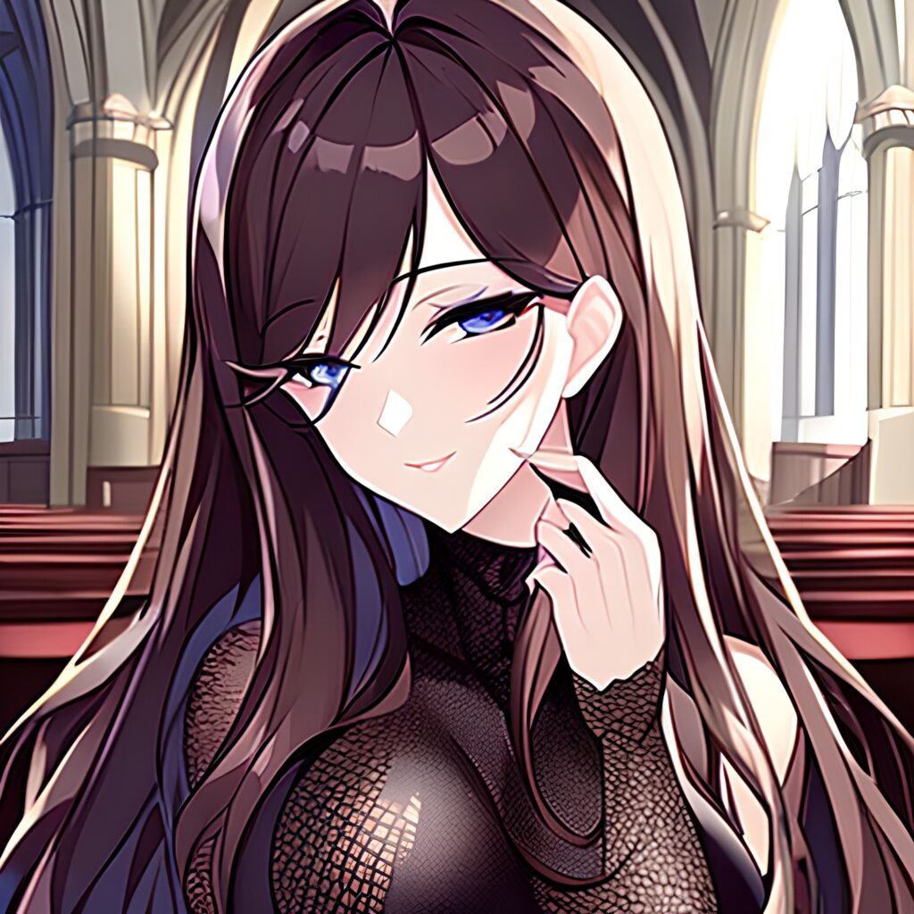 fishnet messy hair woman church long hair brunette 