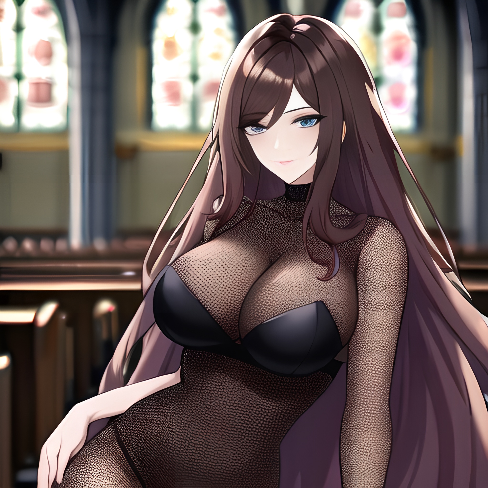 fishnet messy hair woman church long hair brunette 