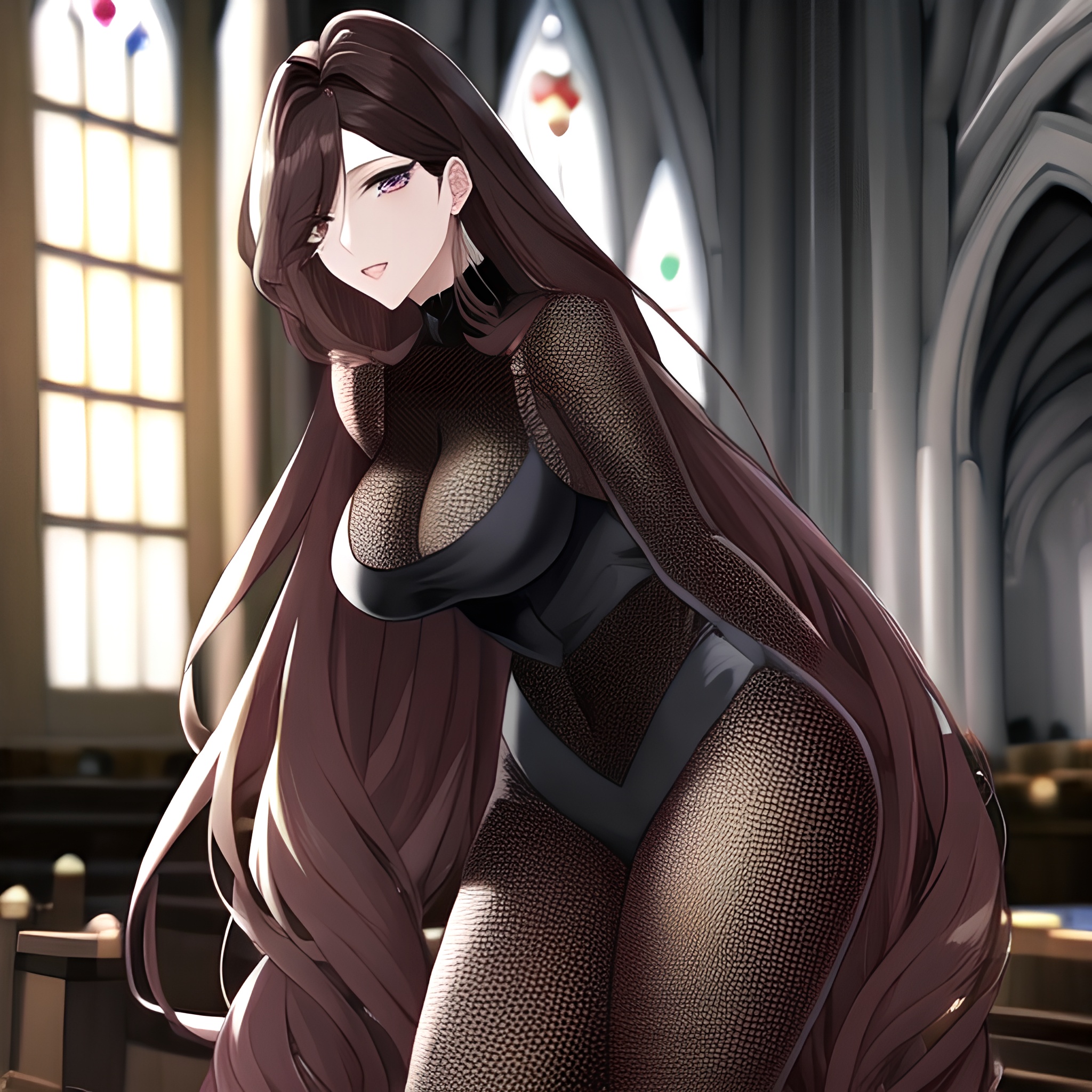 fishnet messy hair woman church long hair brunette 