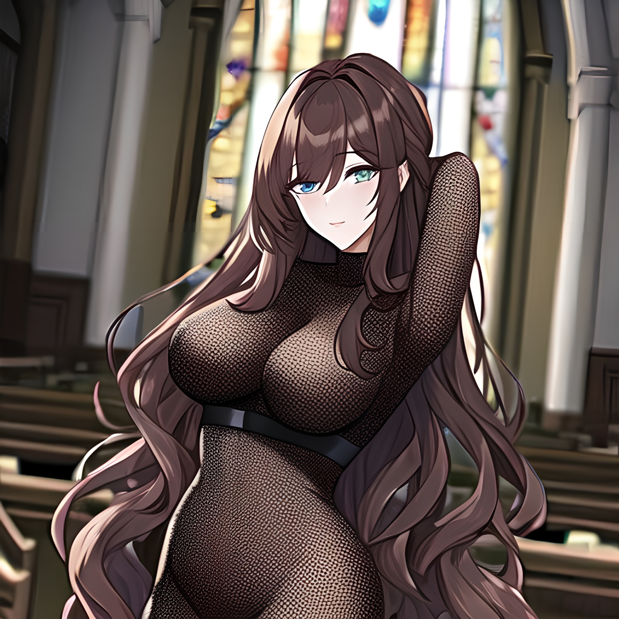 fishnet messy hair woman long hair brunette church 