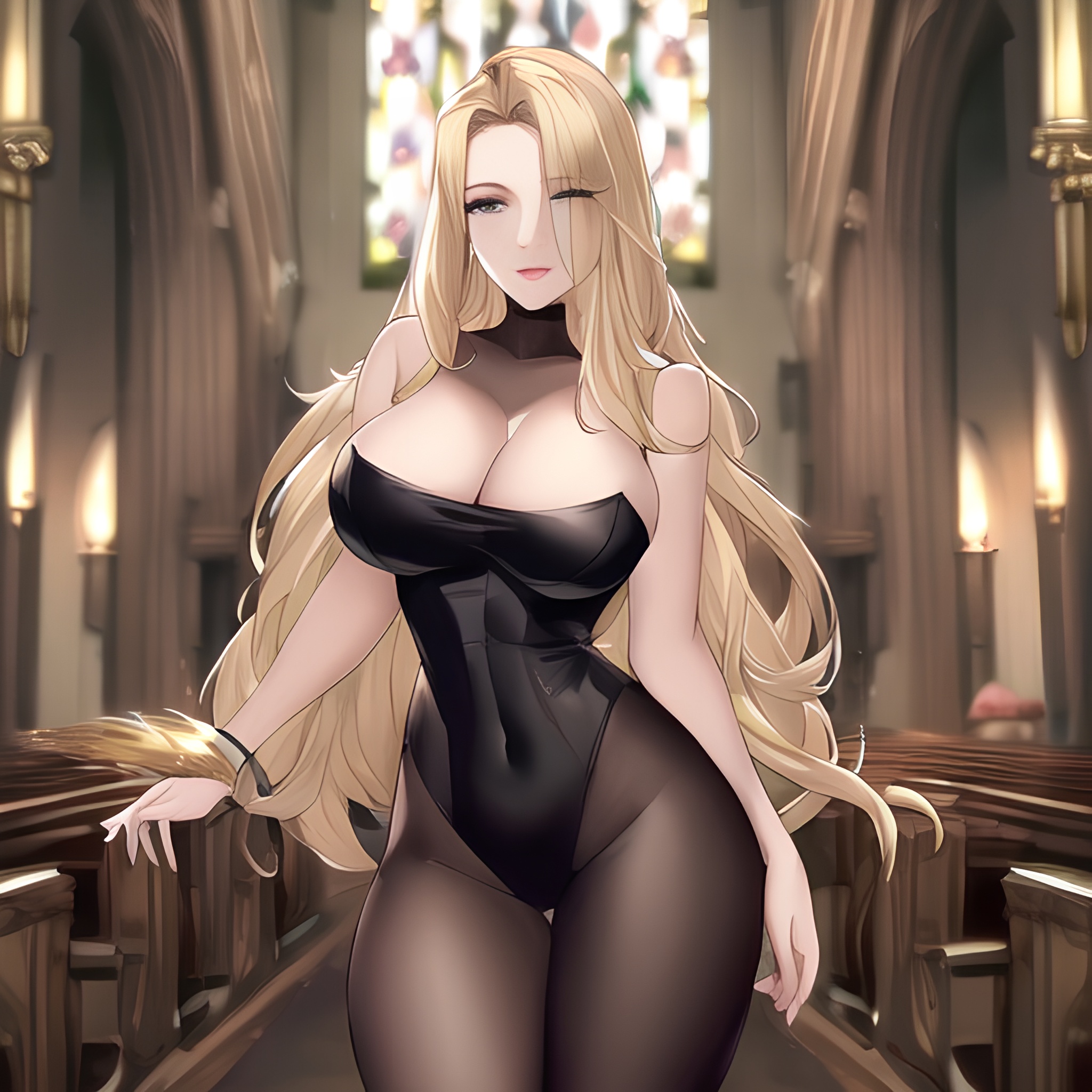 fishnet nude blonde church front view long hair small boobs woman 