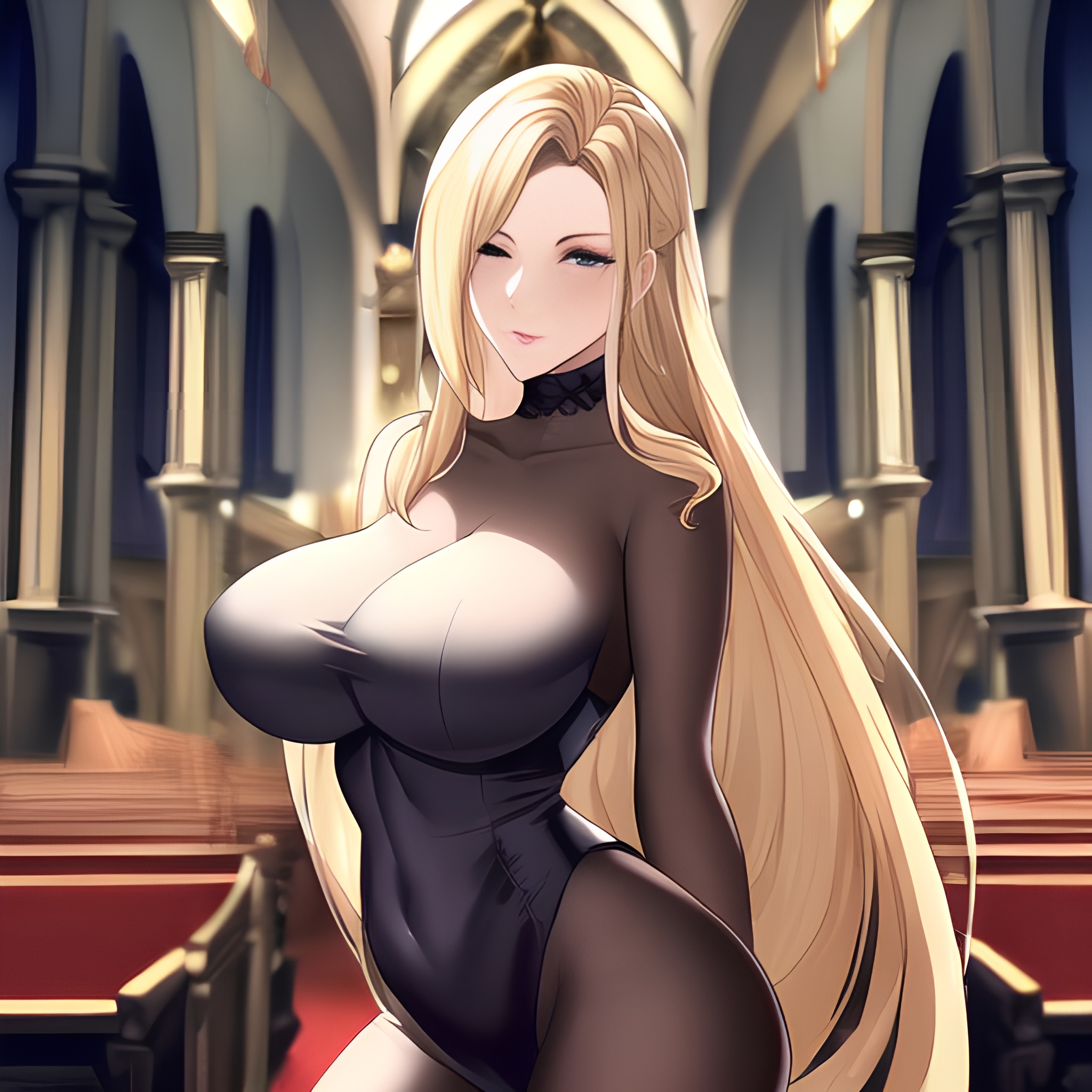fishnet nude blonde small boobs front view long hair church woman 