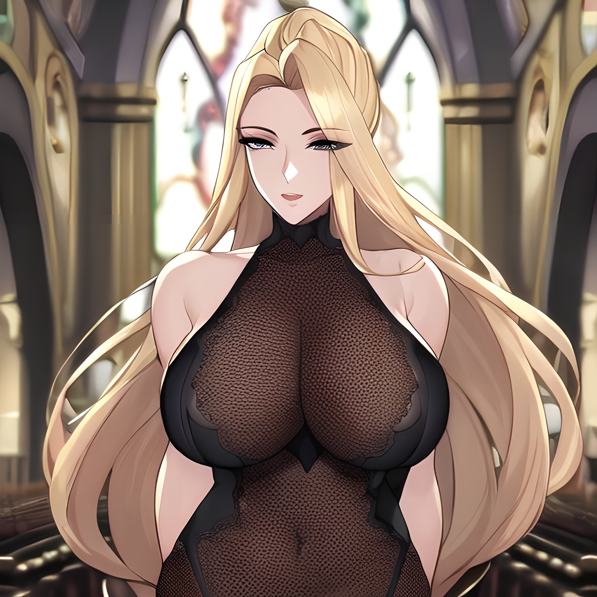 fishnet nude church front view long hair small boobs woman blonde 