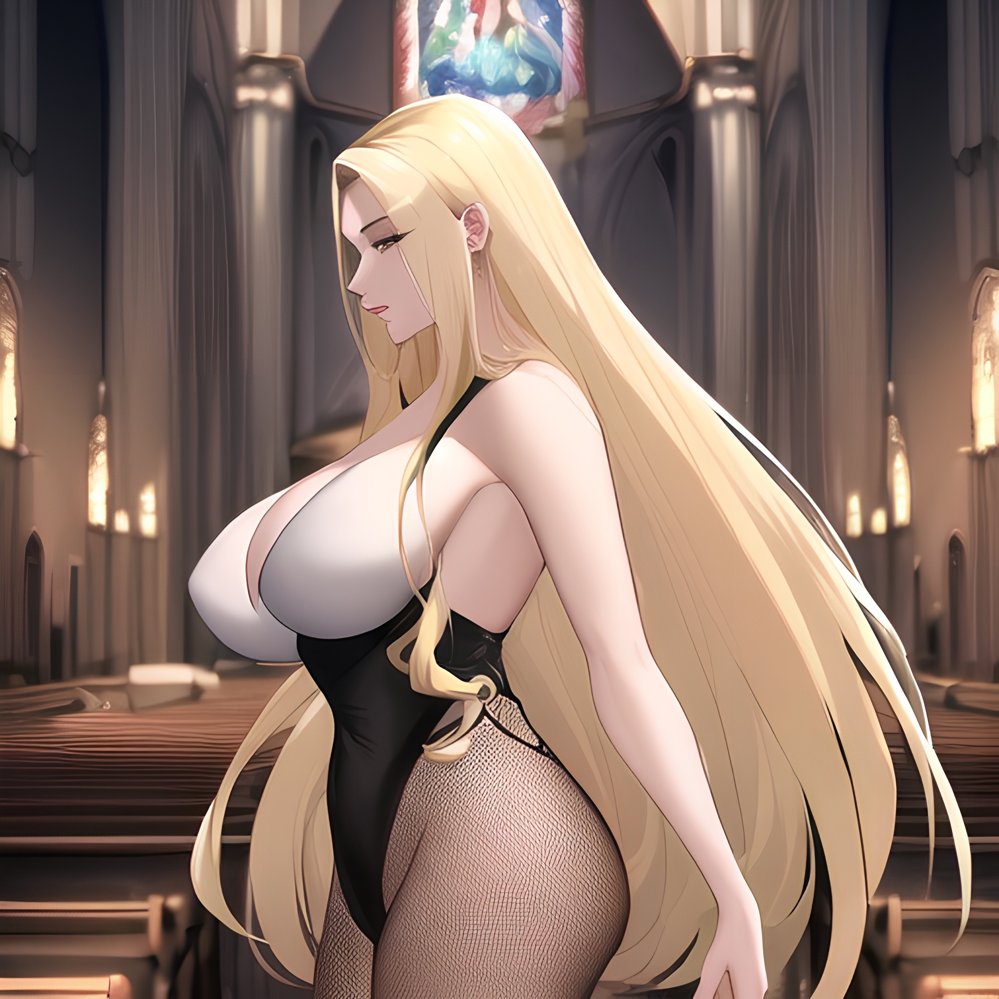 fishnet nude long hair front view small boobs woman blonde church 