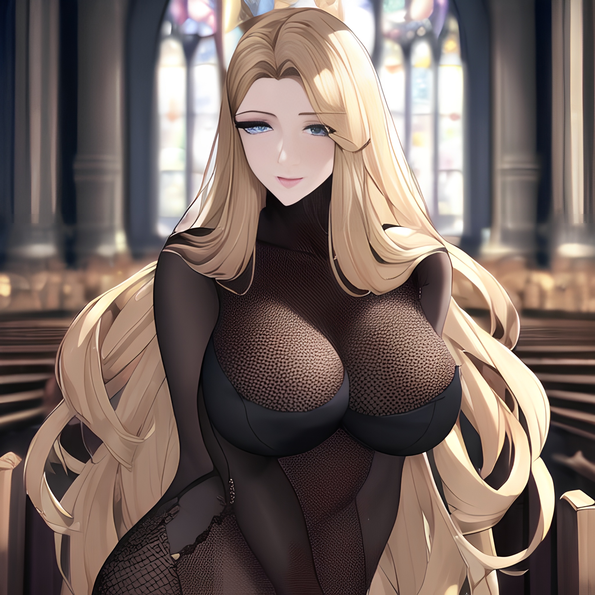 fishnet nude woman blonde church front view small boobs long hair 