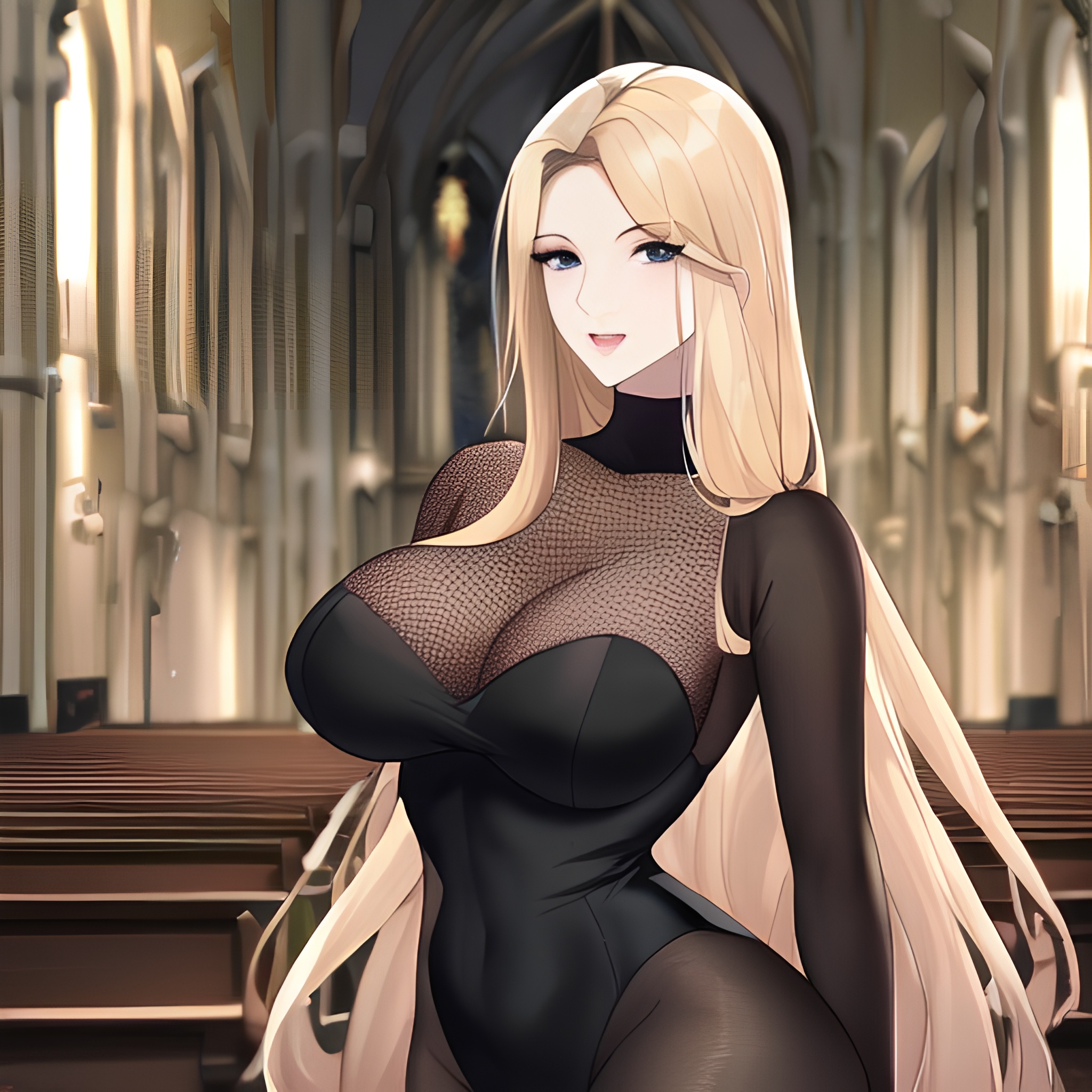 fishnet nude woman blonde front view church long hair small boobs 