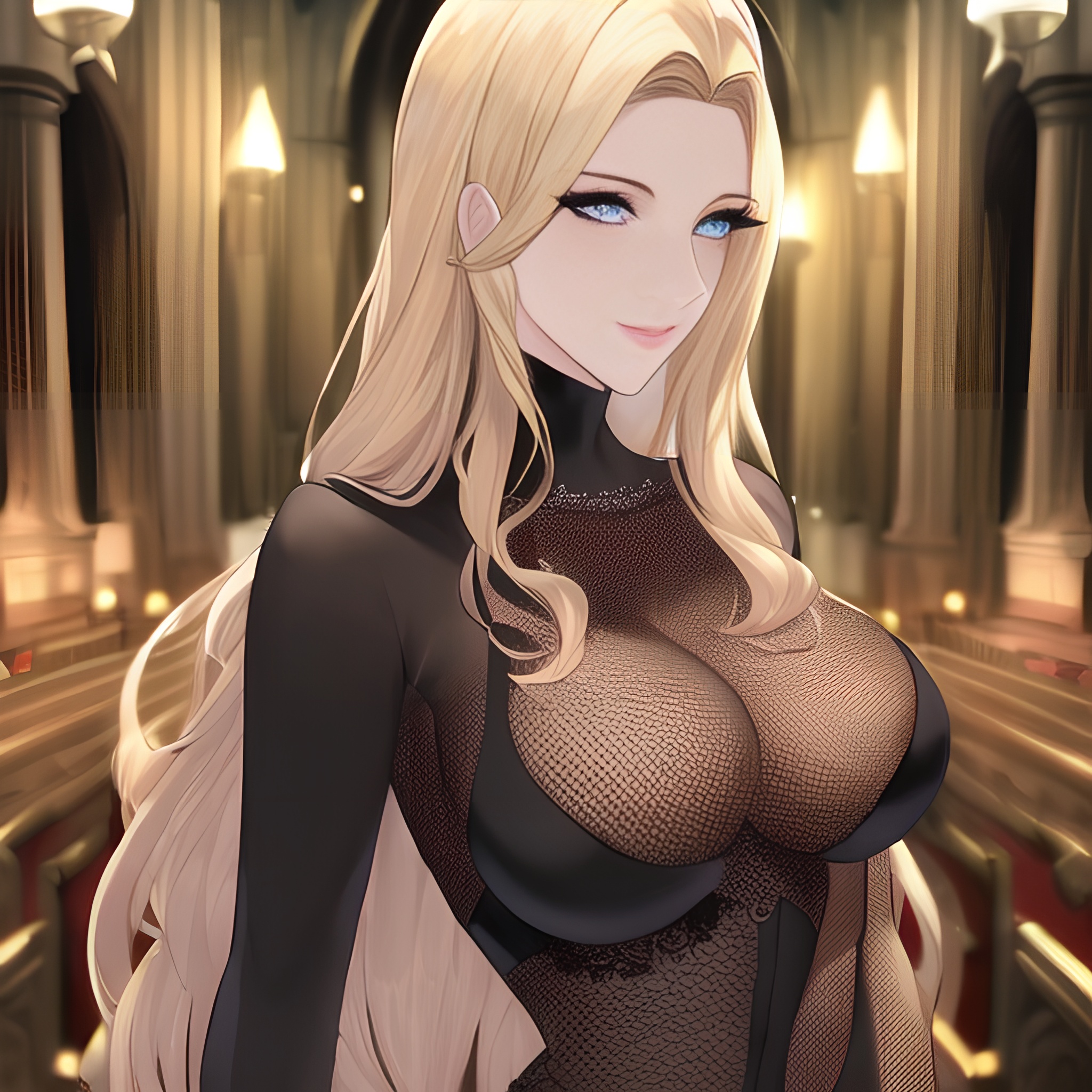 fishnet nude woman front view church small boobs long hair blonde 