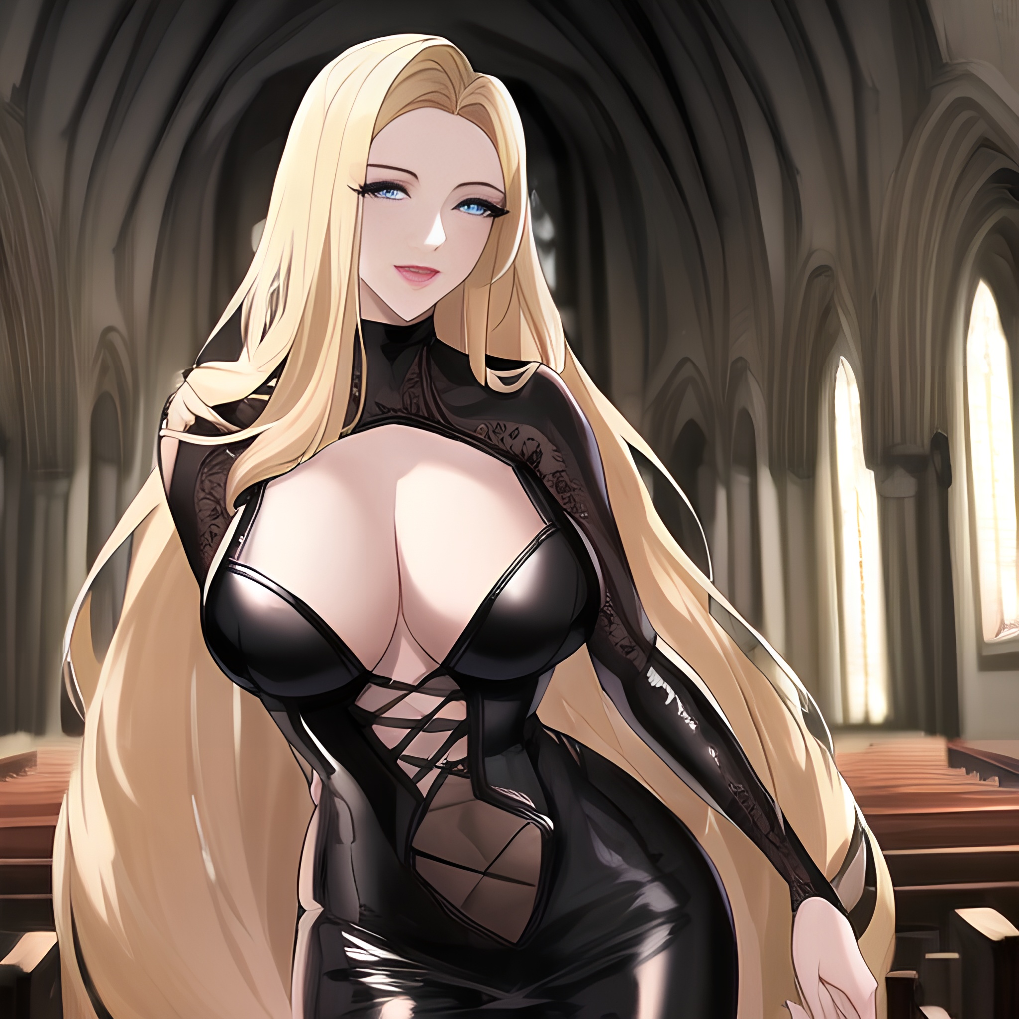 fishnet small boobs blonde woman front view nude long hair church 