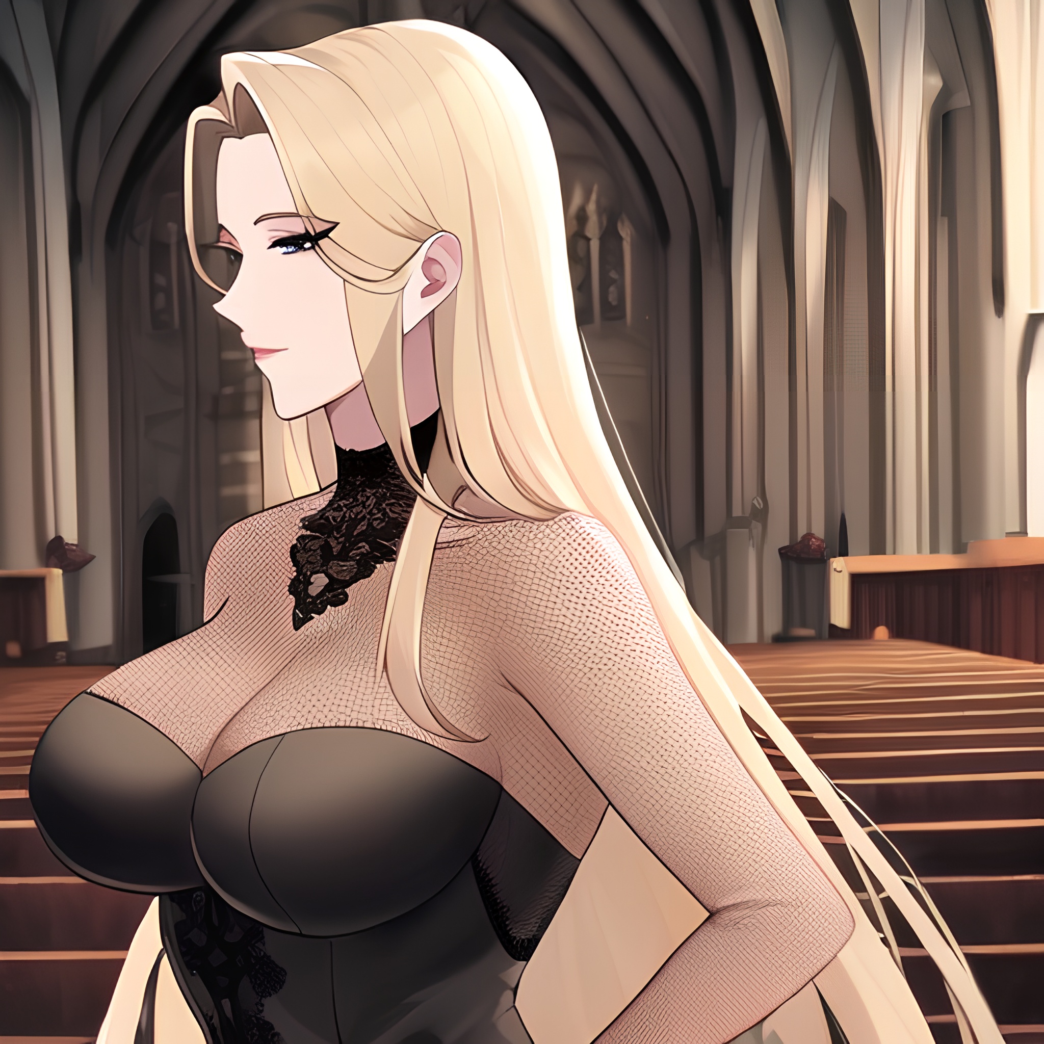 fishnet small boobs front view blonde woman long hair church nude 