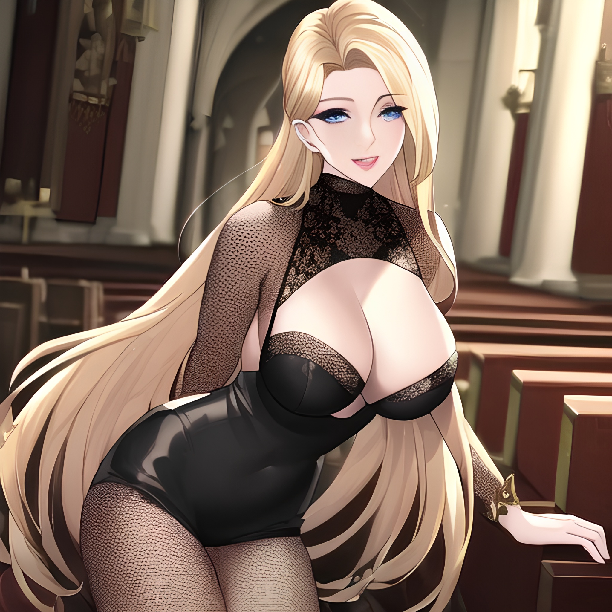 fishnet small boobs long hair church nude woman front view blonde 