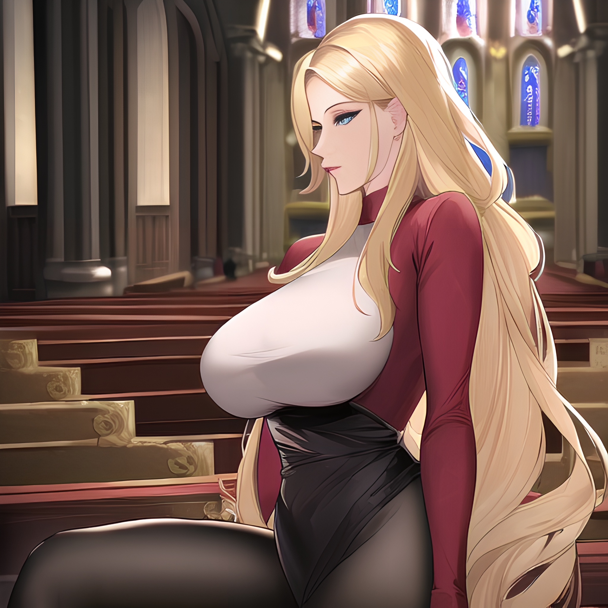 fishnet small boobs long hair church woman front view nude blonde 