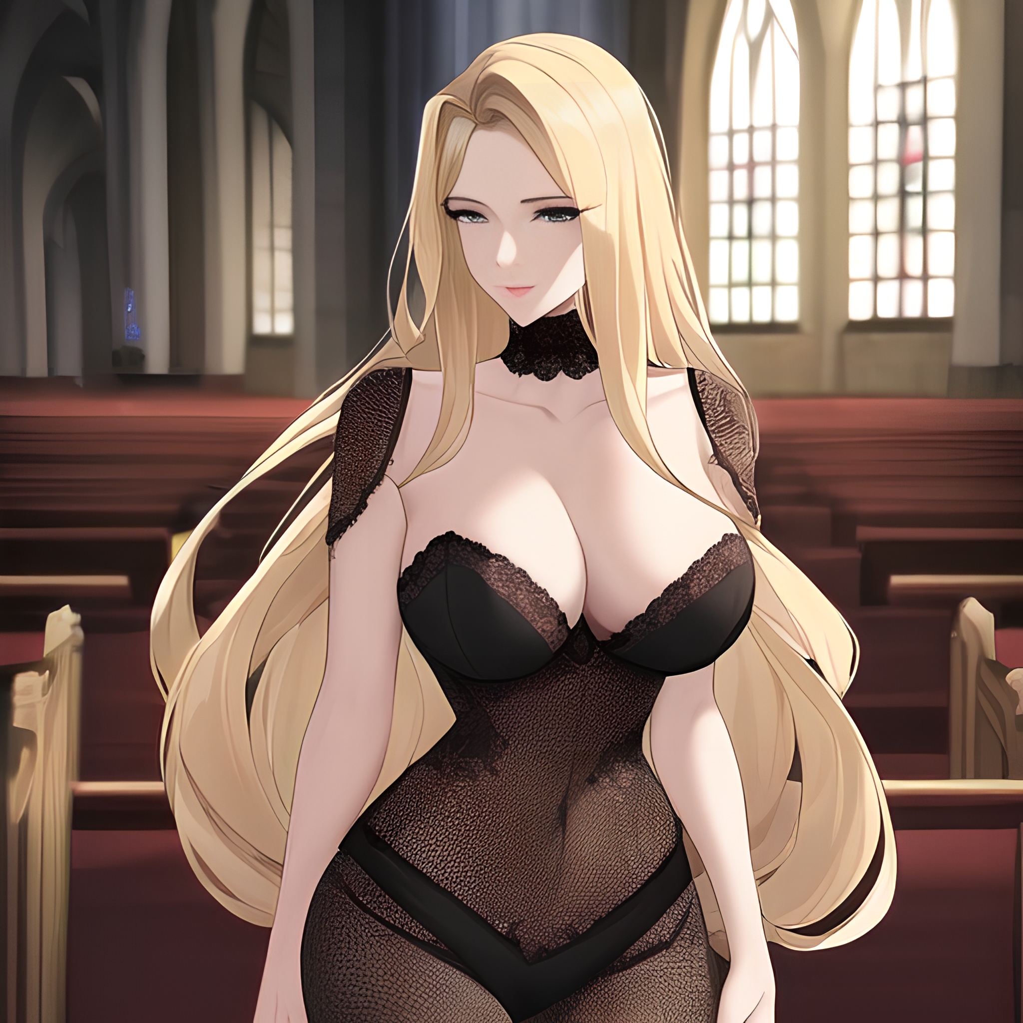 fishnet small boobs long hair front view church nude blonde woman