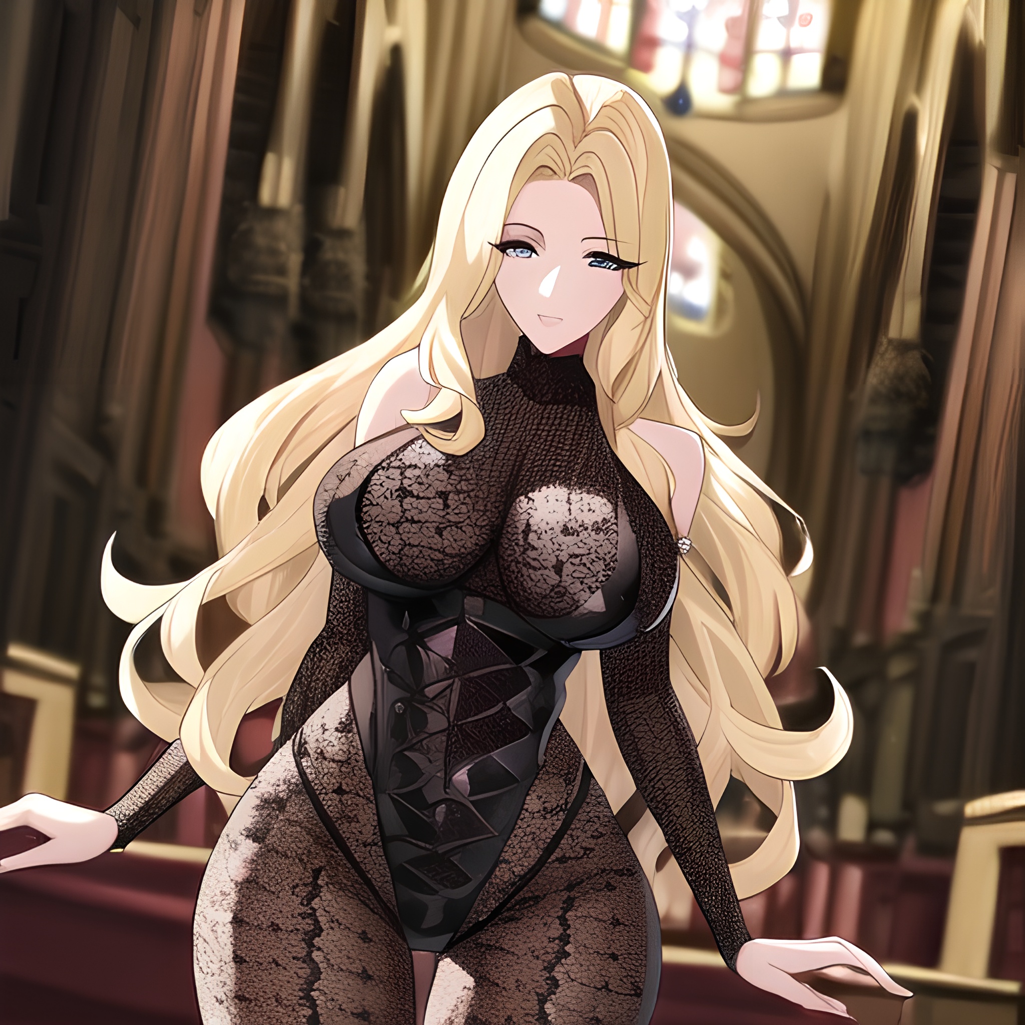 fishnet small boobs nude blonde church woman long hair front view