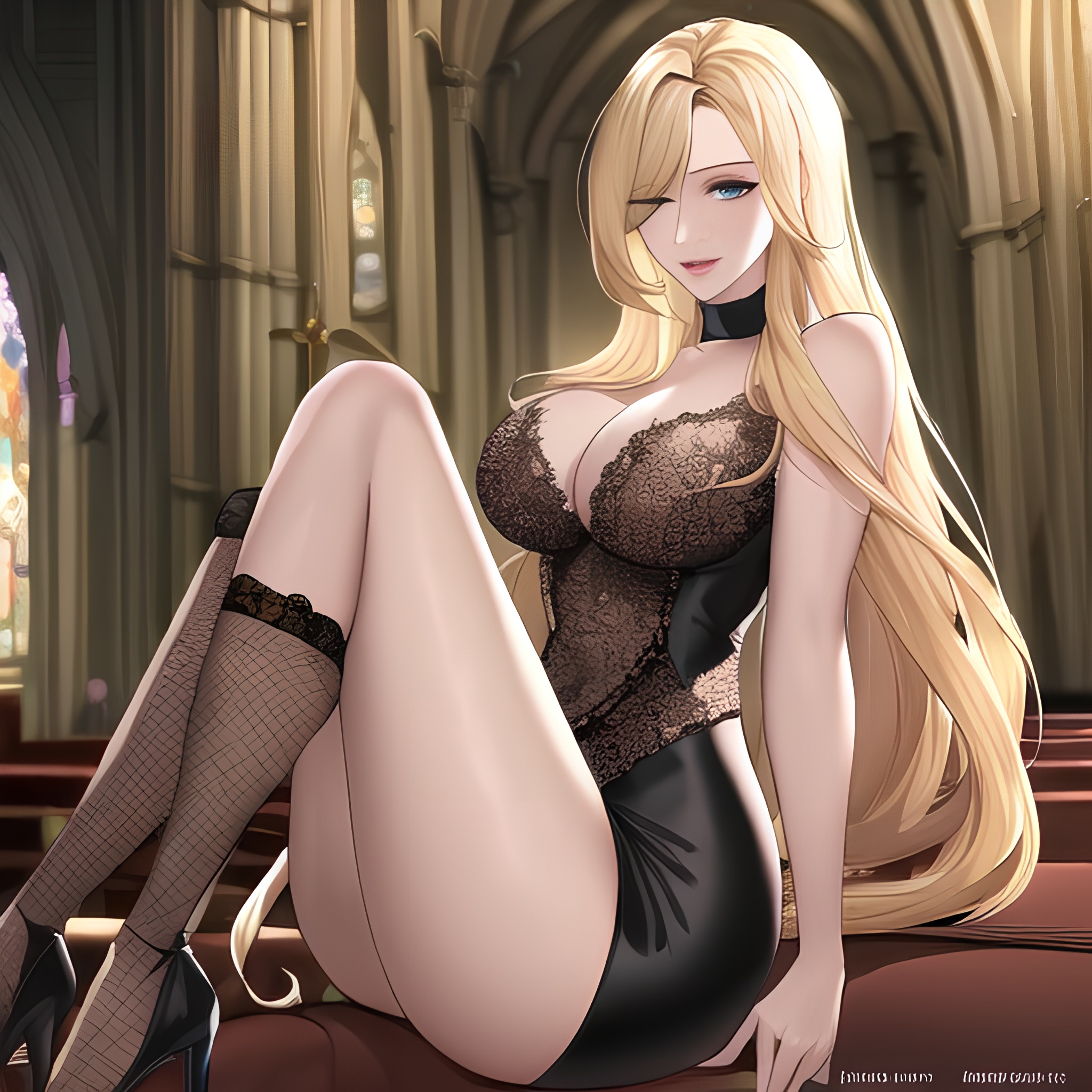 fishnet small boobs woman blonde church nude front view long hair 