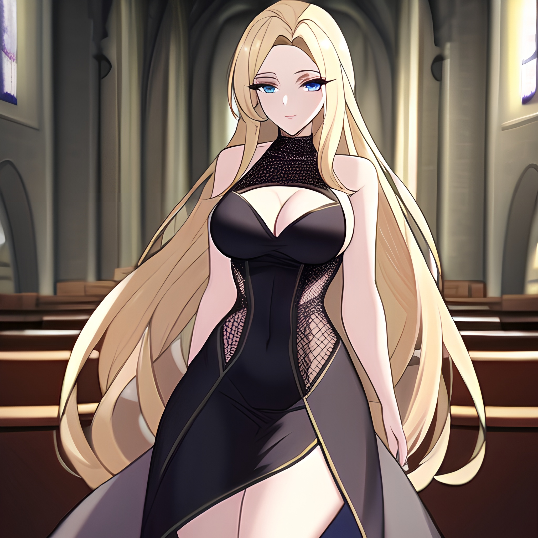 fishnet woman blonde church long hair