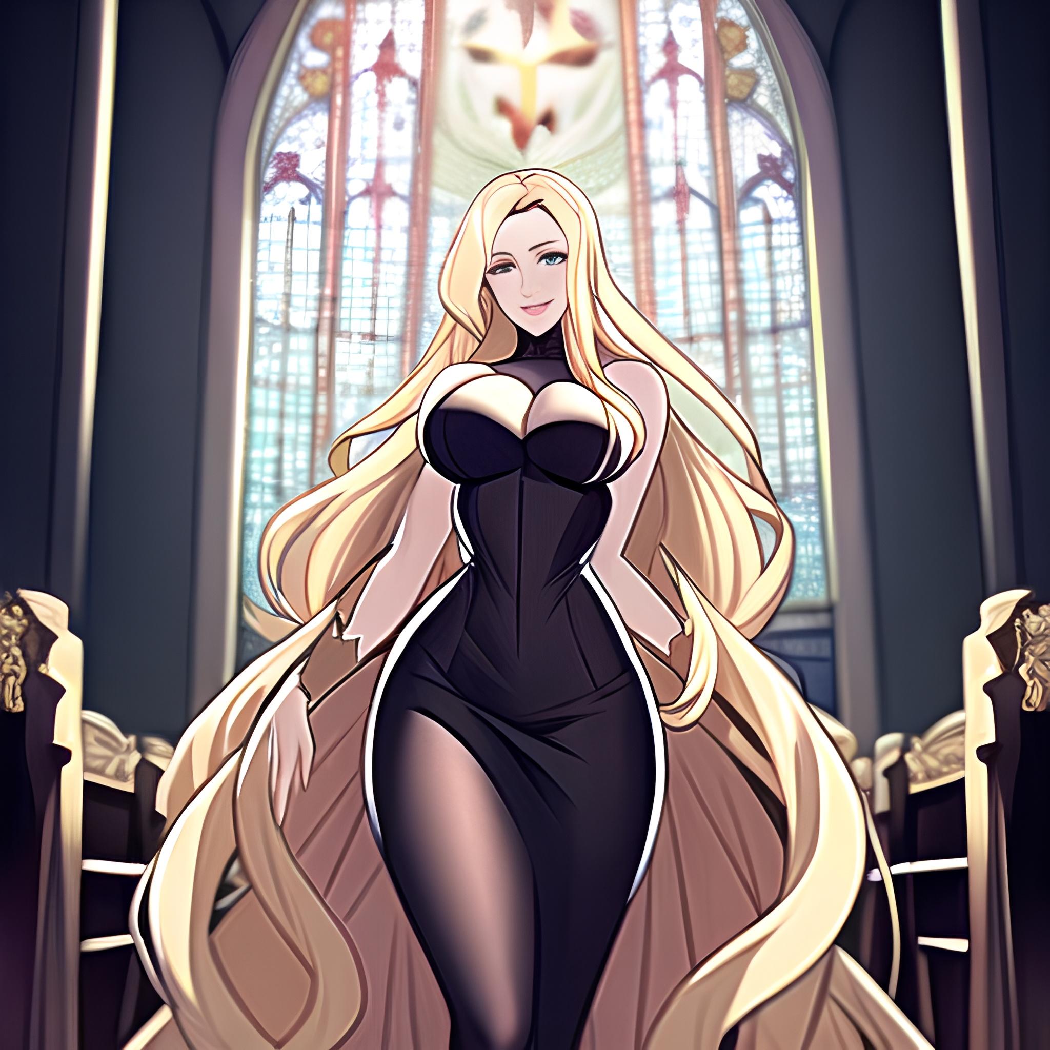fishnet woman blonde church long hair