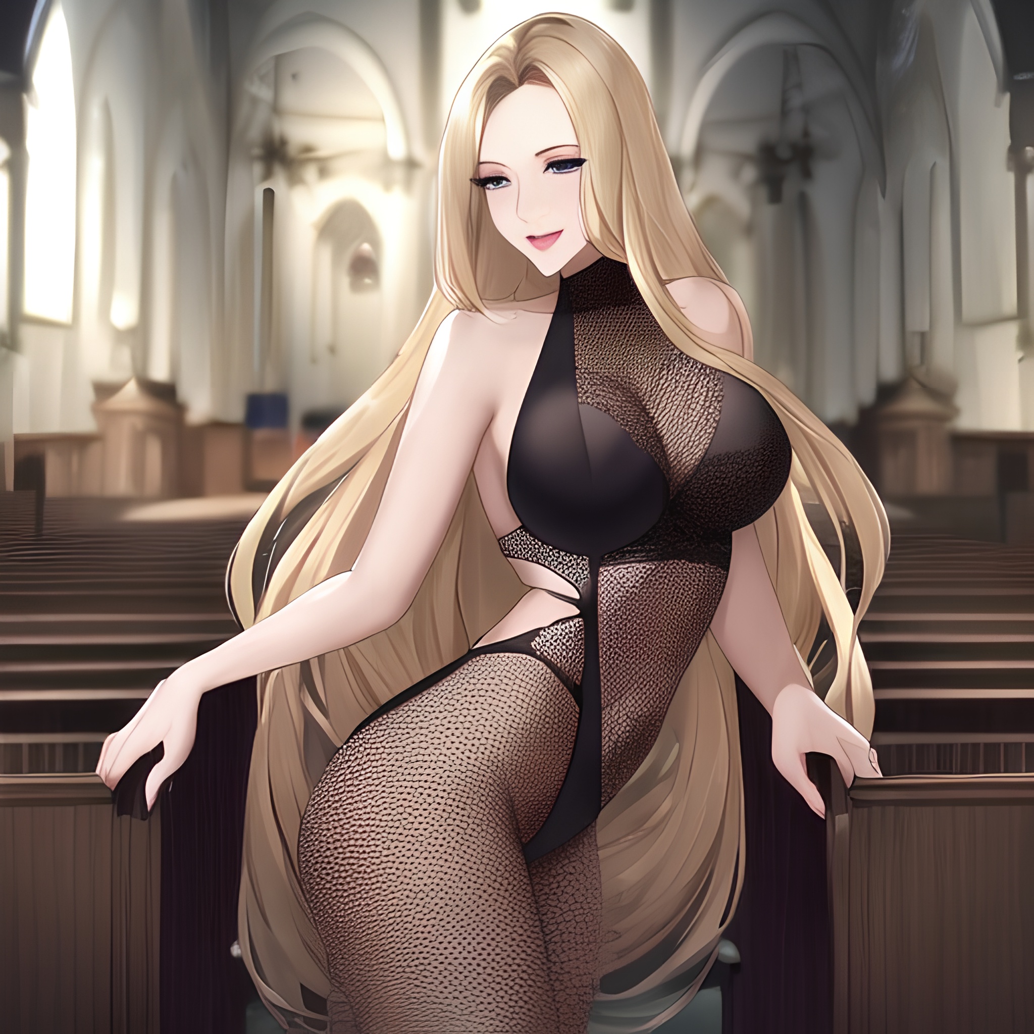 fishnet woman blonde front view church nude long hair small boobs 