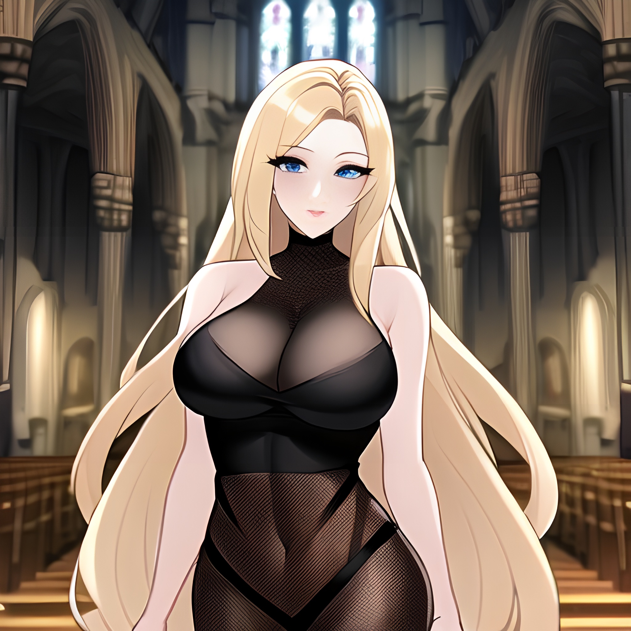 fishnet woman blonde long hair church 