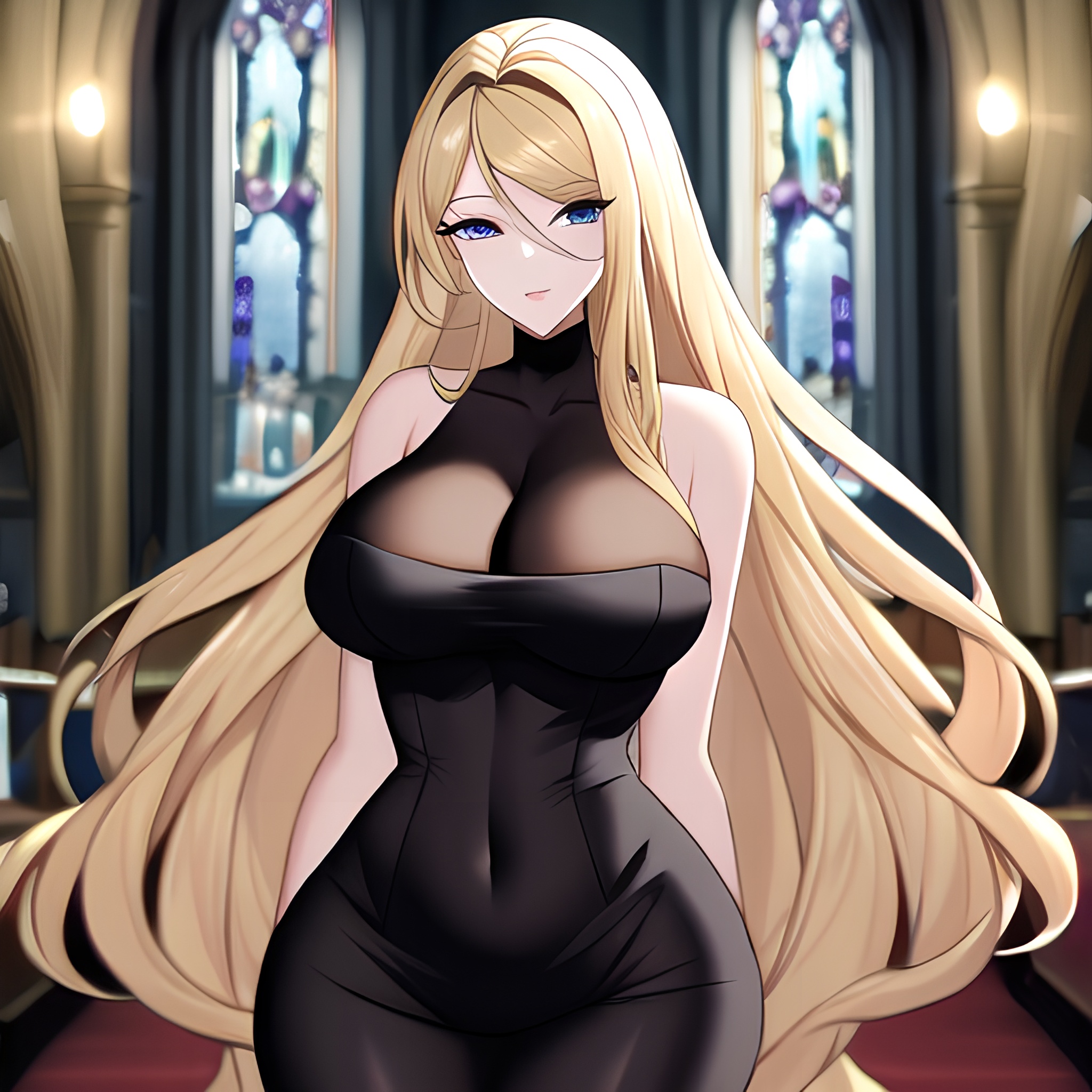 fishnet woman blonde long hair church 