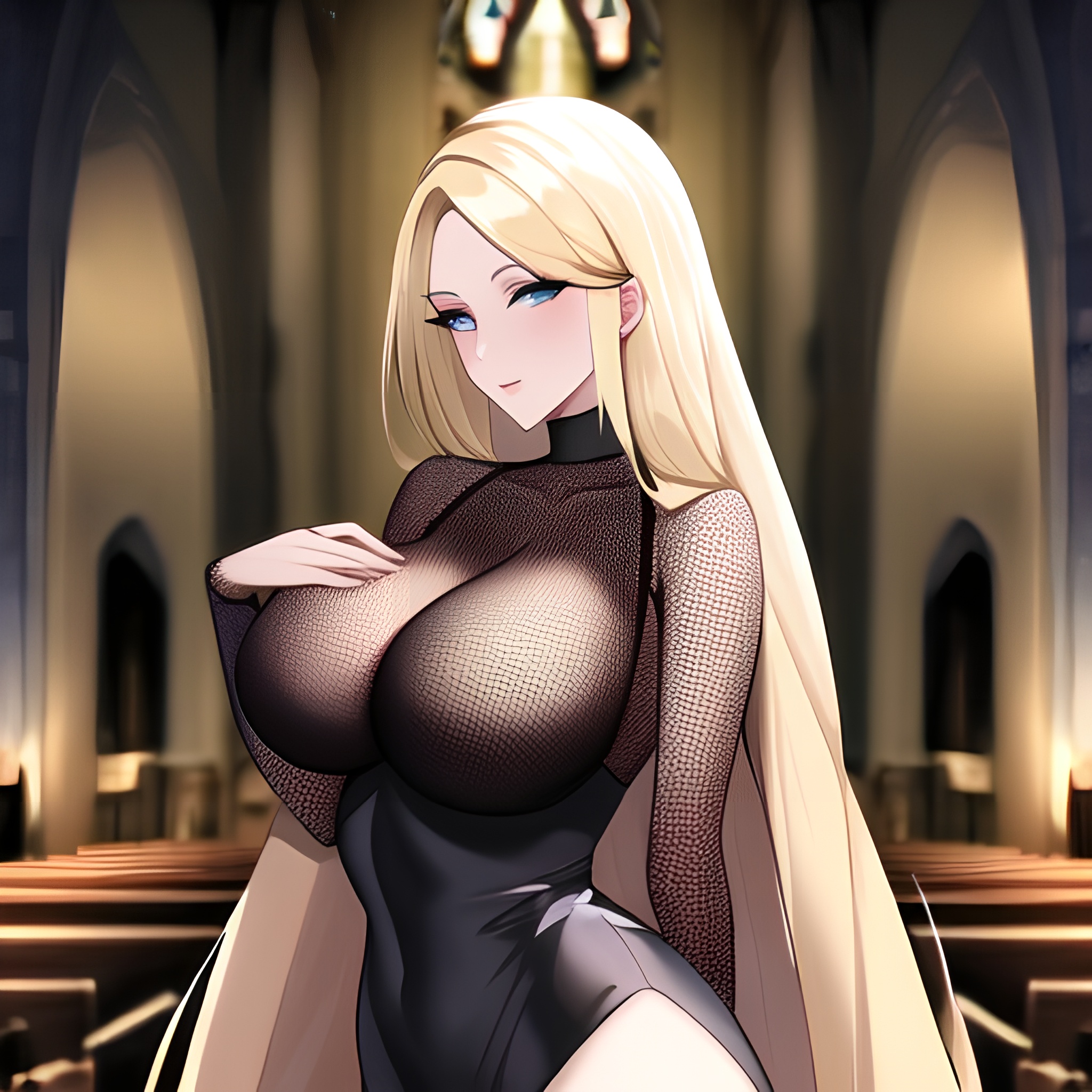 fishnet woman blonde long hair church 