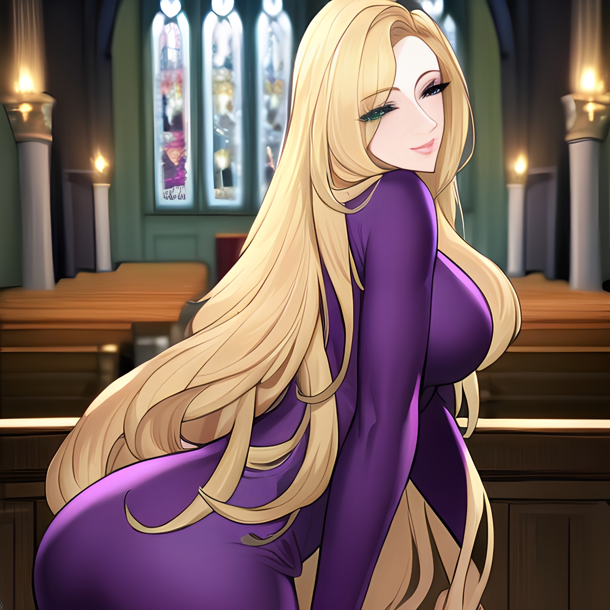 fishnet woman blonde long hair church 