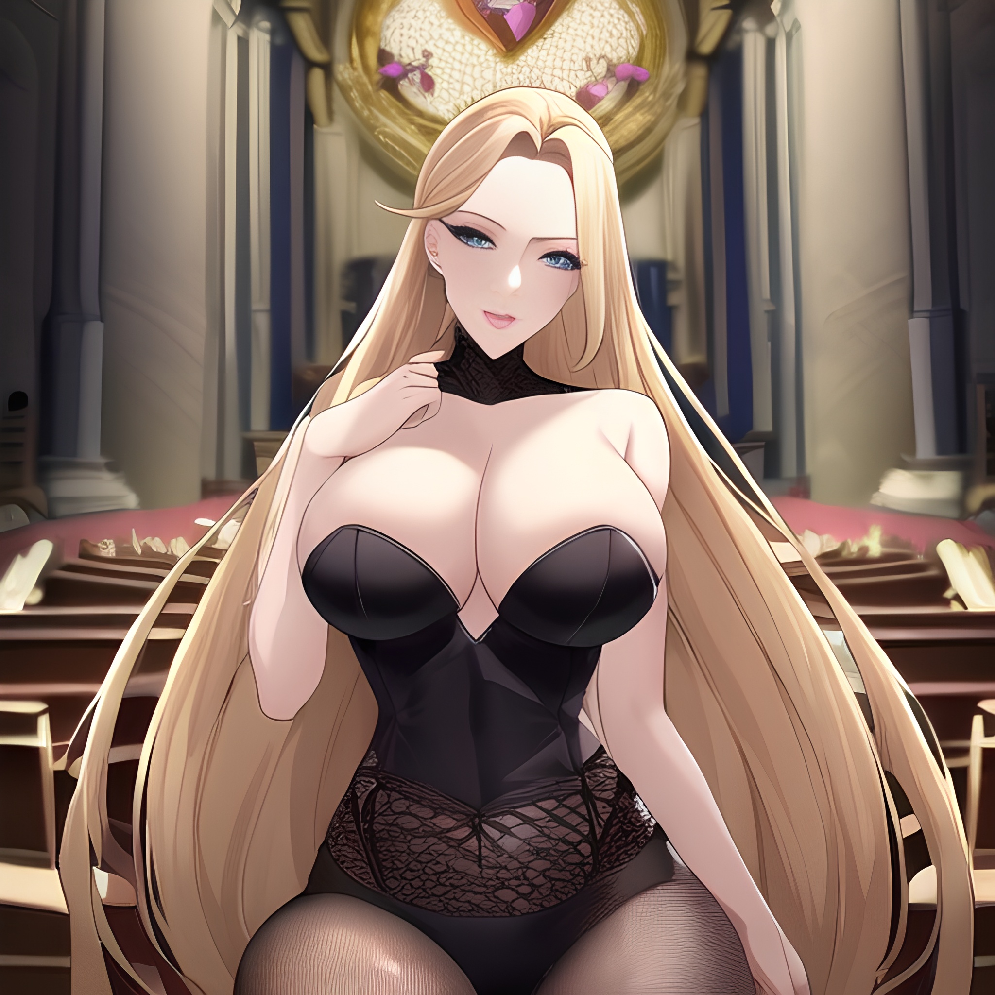 fishnet woman blonde long hair nude front view church small boobs 