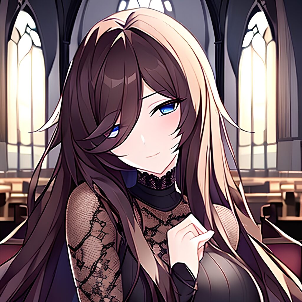 fishnet woman brunette church long hair messy hair 