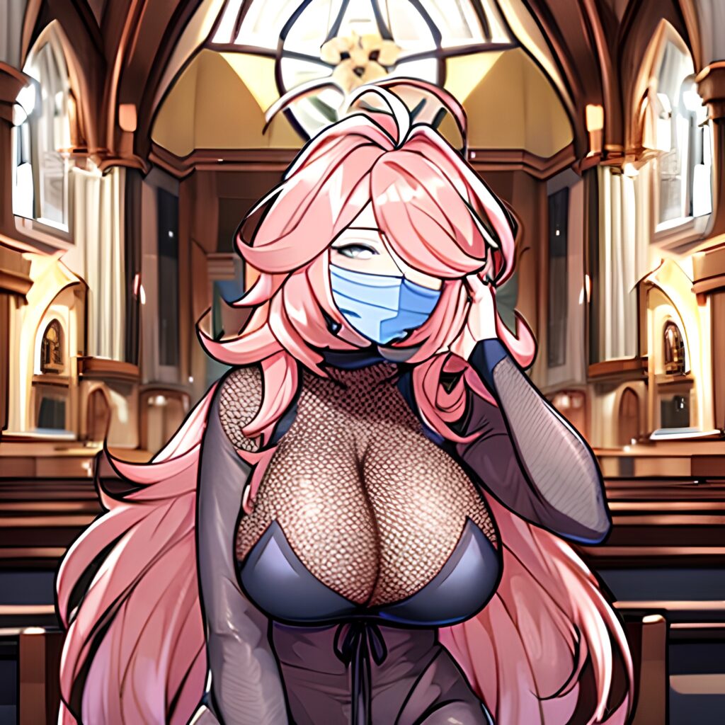 fishnet woman brunette church long hair messy hair 