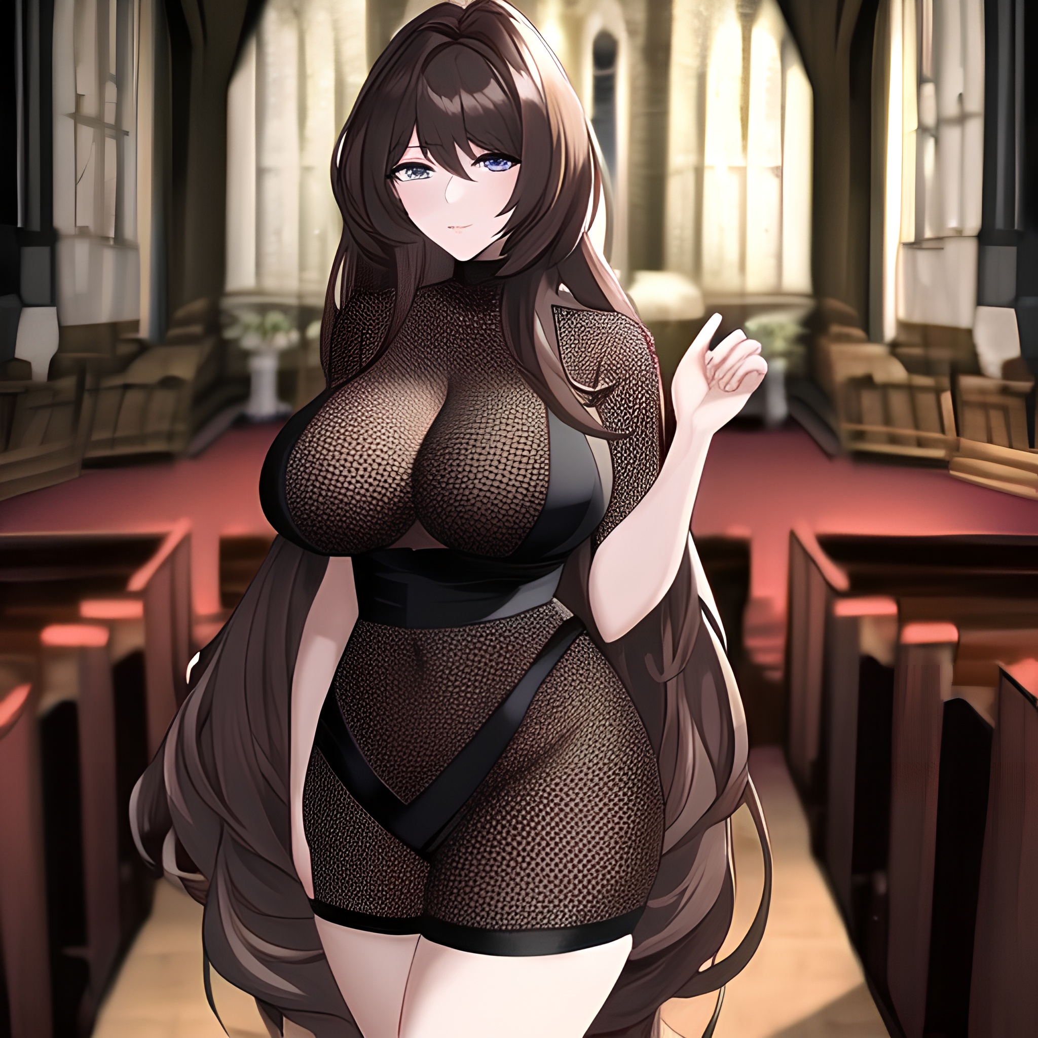 fishnet woman brunette church long hair messy hair 