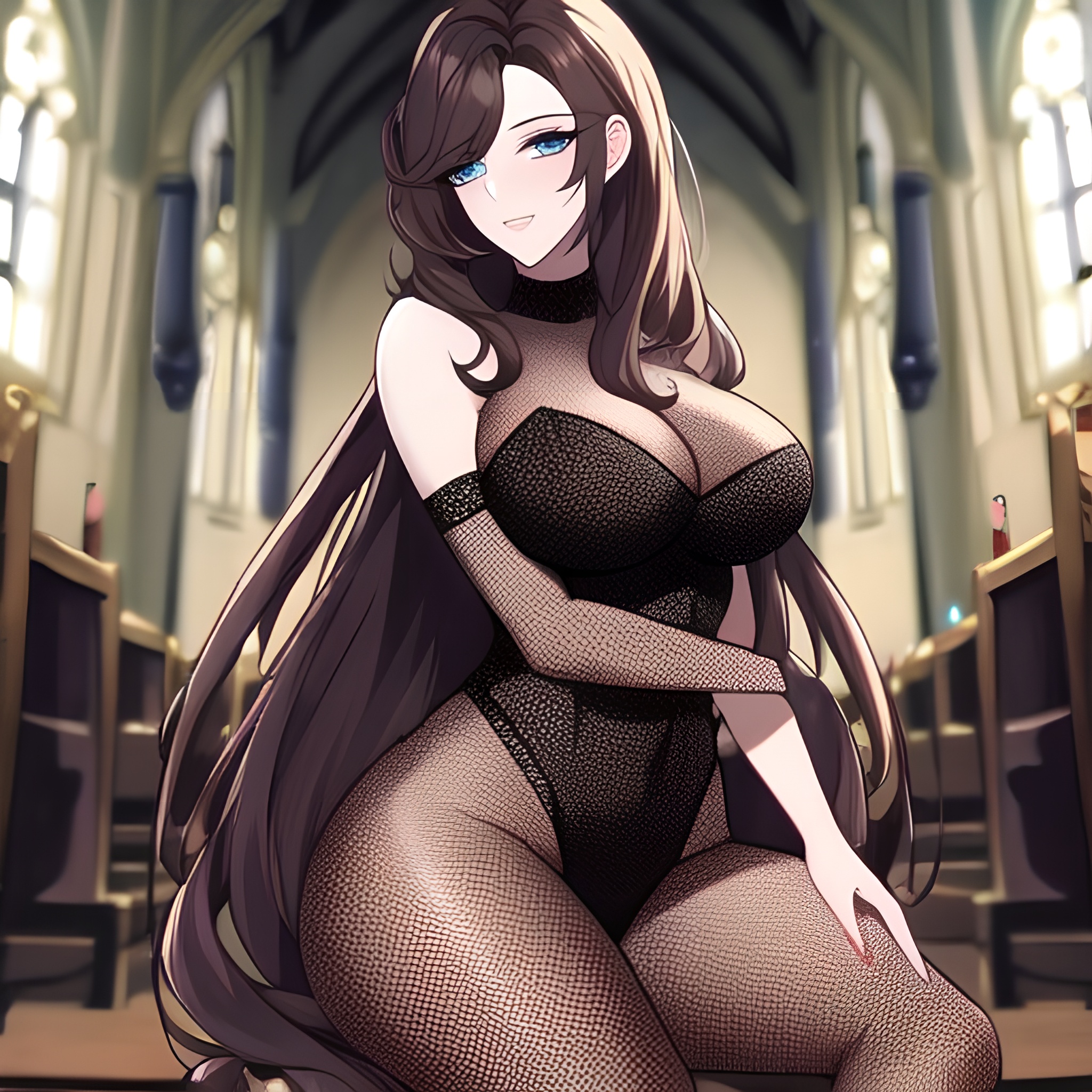 fishnet woman brunette church long hair messy hair