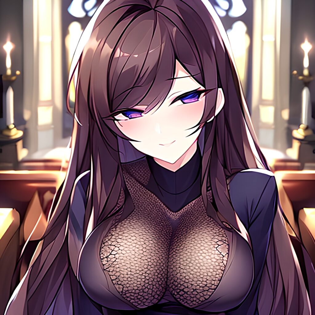 fishnet woman brunette church messy hair long hair 