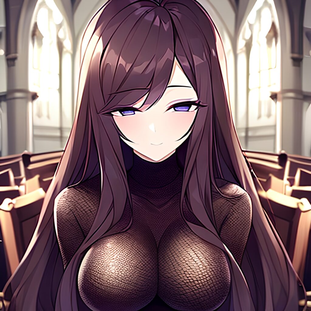 fishnet woman brunette church messy hair long hair 